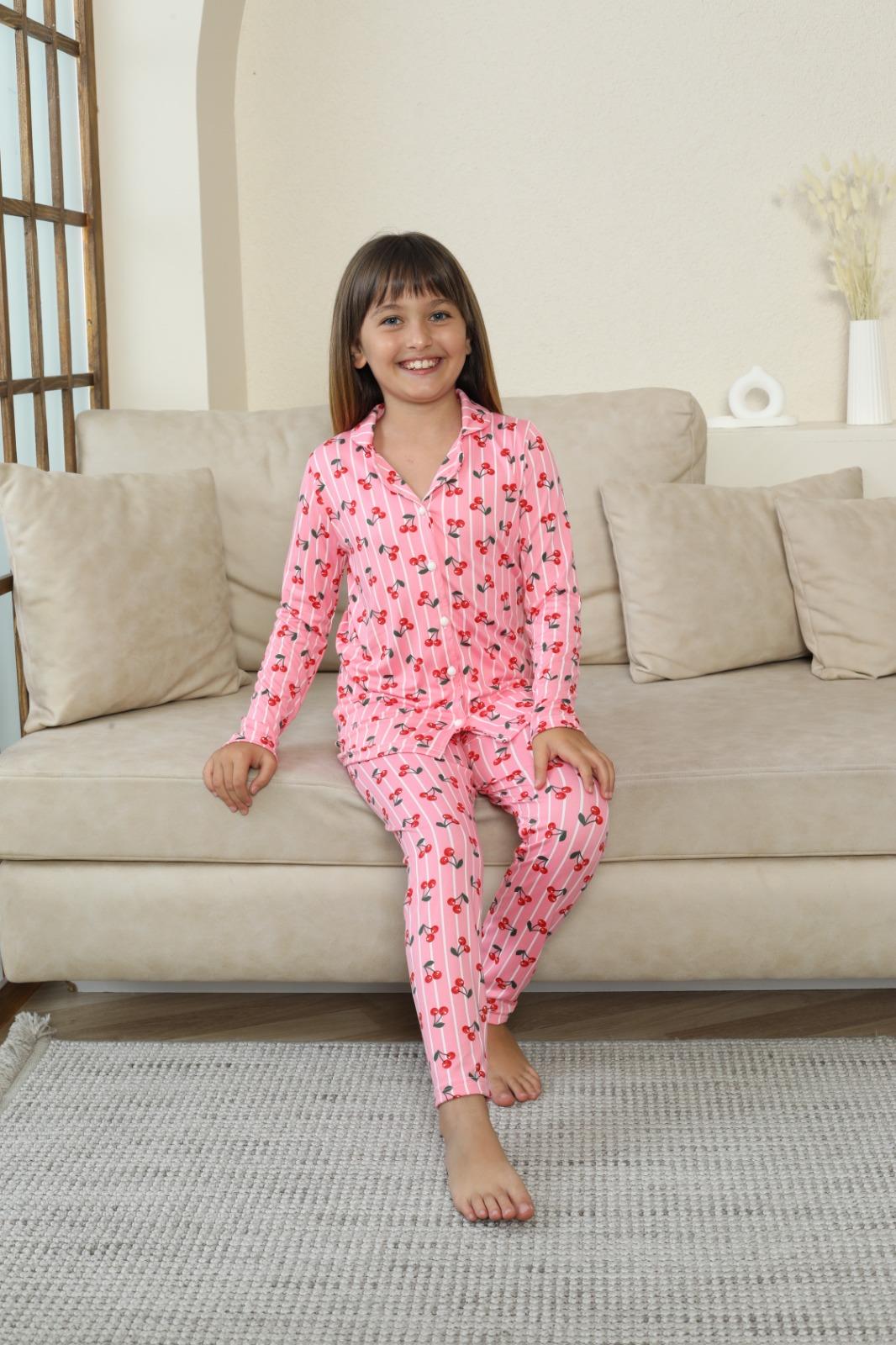 Çocuk Milan Düğmeli Pembe Uzun Kol Pijama Takımı