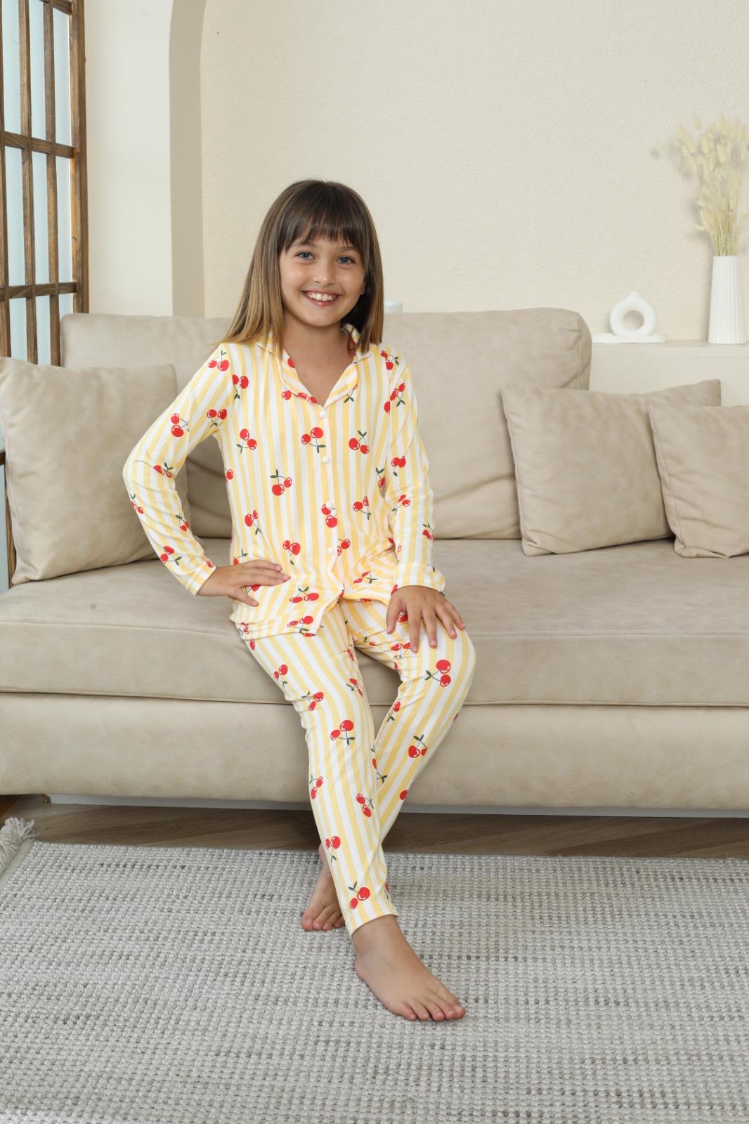 Çocuk Milan Düğmeli Sarı Uzun Kol Pijama Takımı
