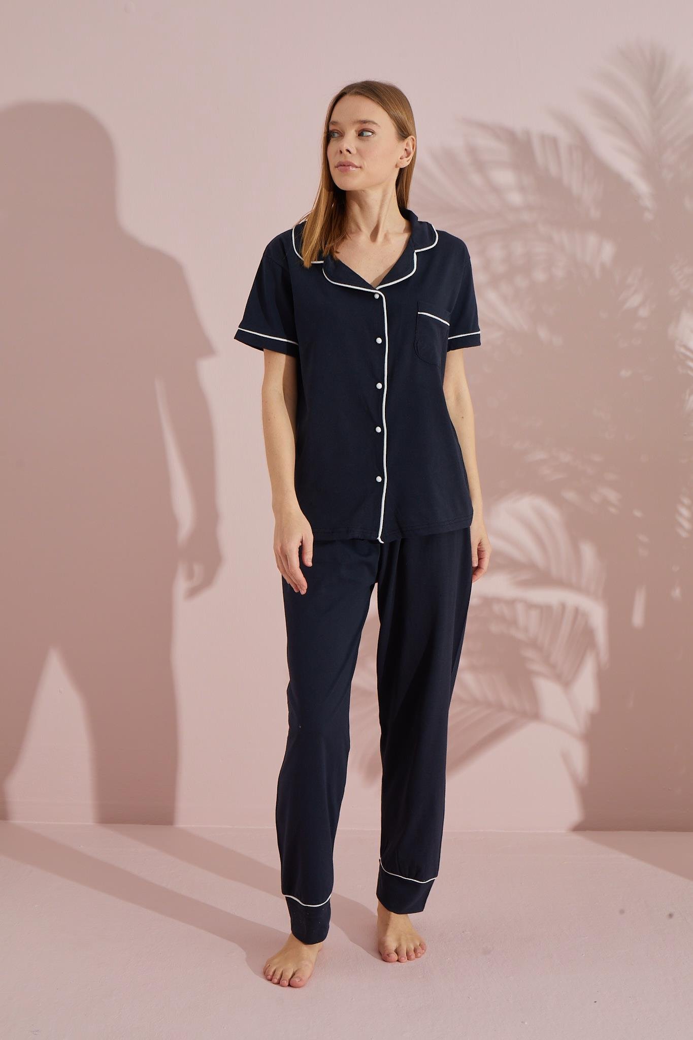 Düğmeli Pamuklu Kısa Kol Pijama Takımı