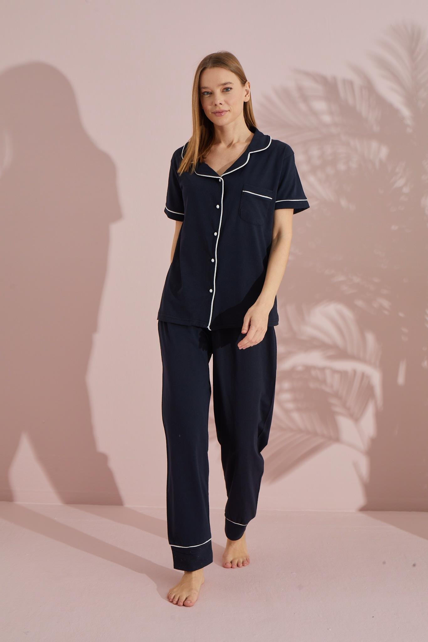 Düğmeli Pamuklu Kısa Kol Pijama Takımı