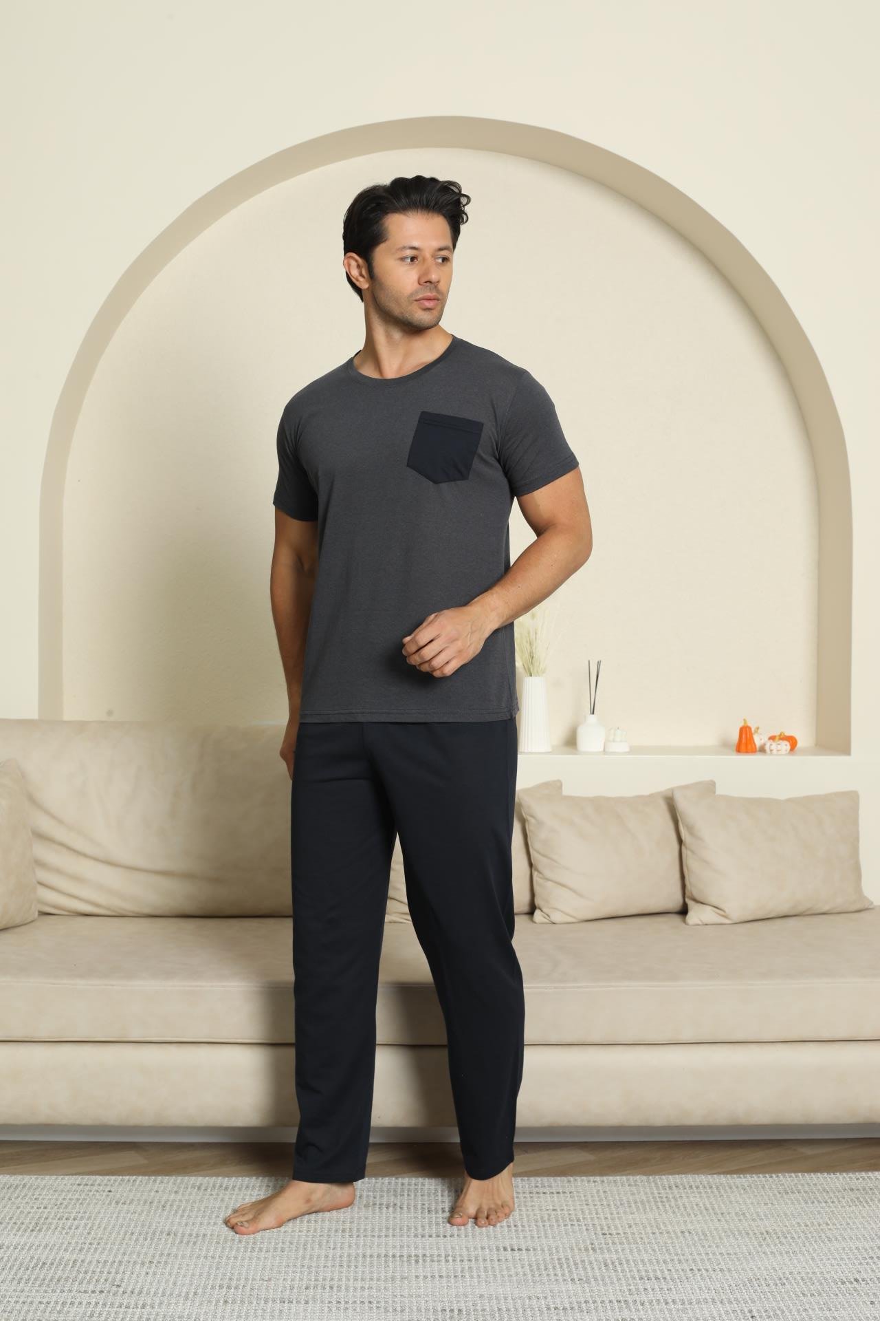 Erkek Pamuk Cepli Füme Pijama Takımı