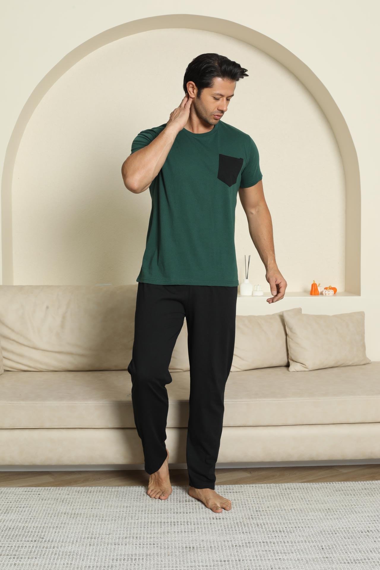 Erkek Pamuk Cepli Yeşil Pijama Takımı