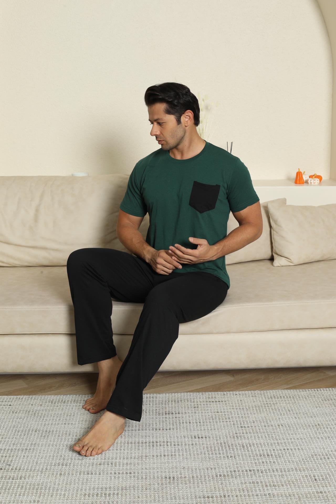 Erkek Pamuk Cepli Yeşil Pijama Takımı