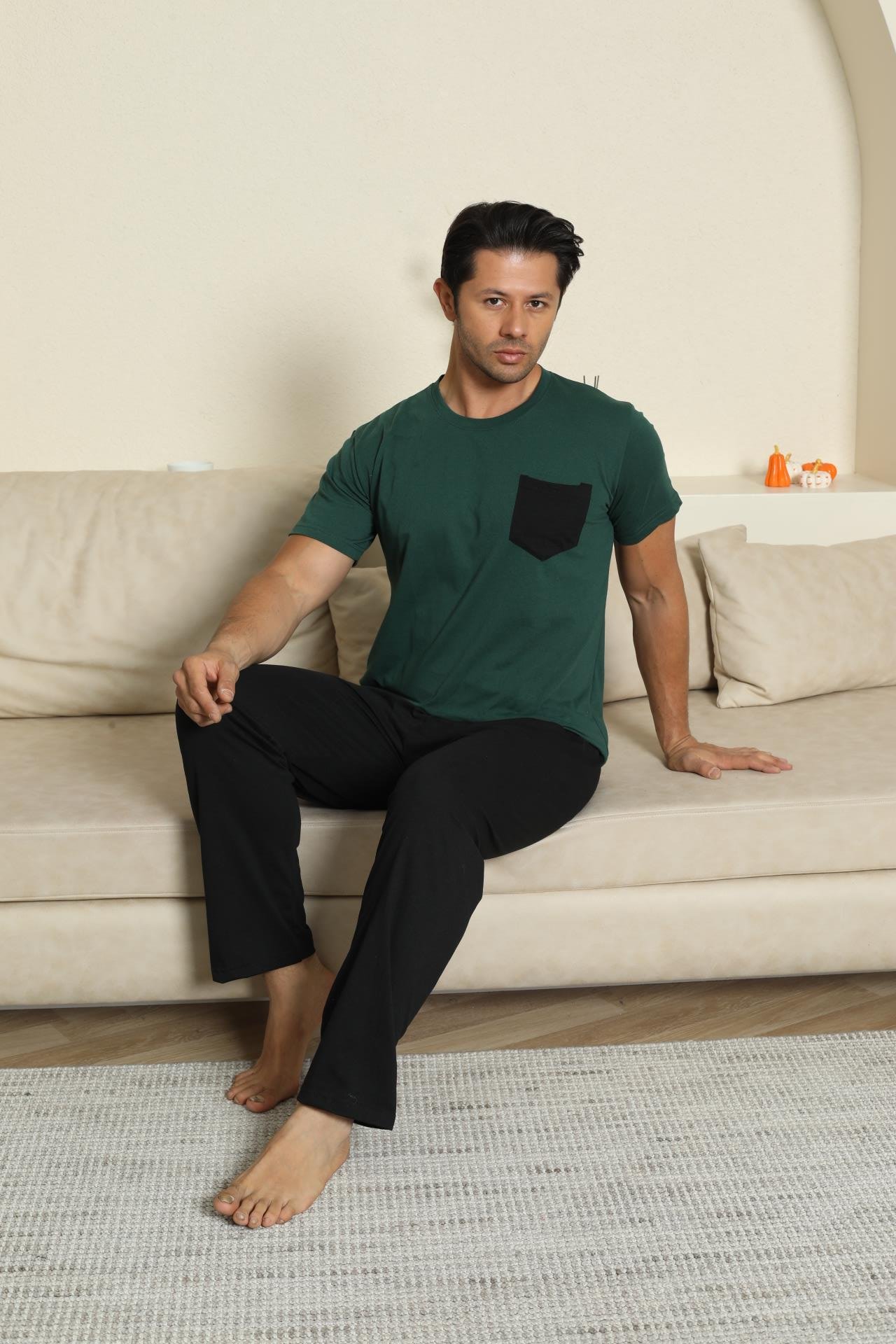 Erkek Pamuk Cepli Yeşil Pijama Takımı