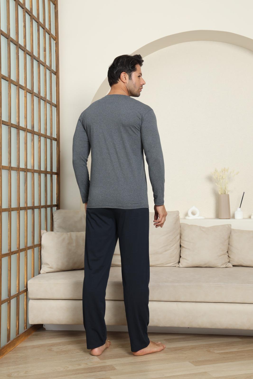 Erkek Pamuklu Uzun Kol Antrasit Pijama Takımı
