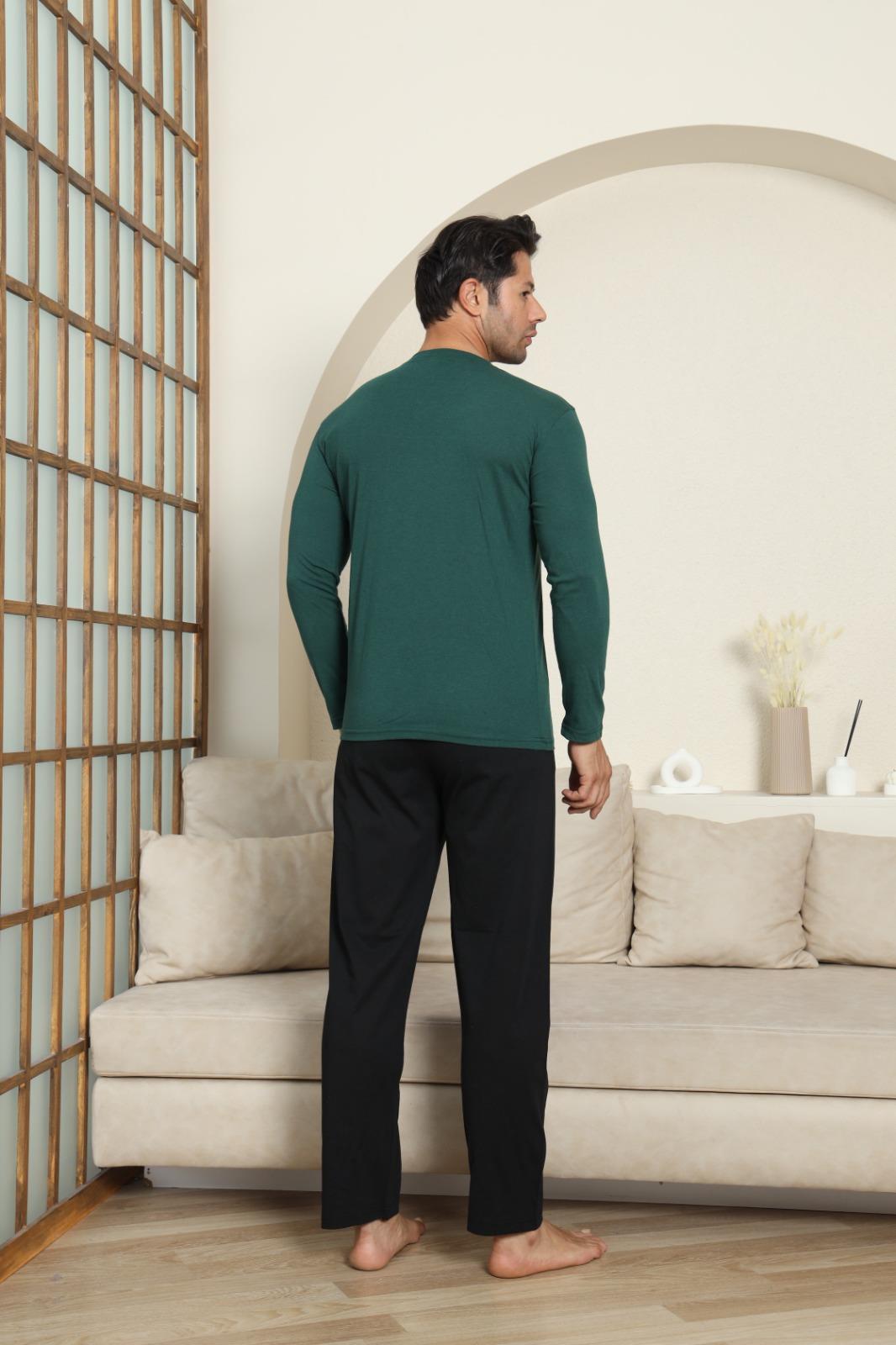 Erkek Pamuklu Uzun Kol Haki Pijama Takımı