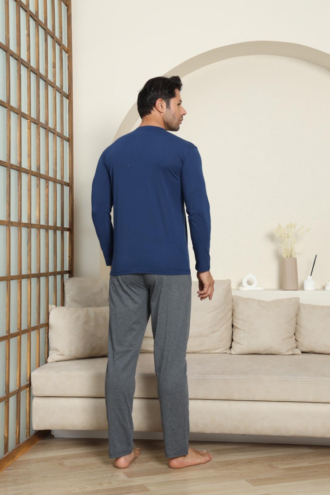 Erkek Pamuklu Uzun Kol Lacivert Pijama Takımı