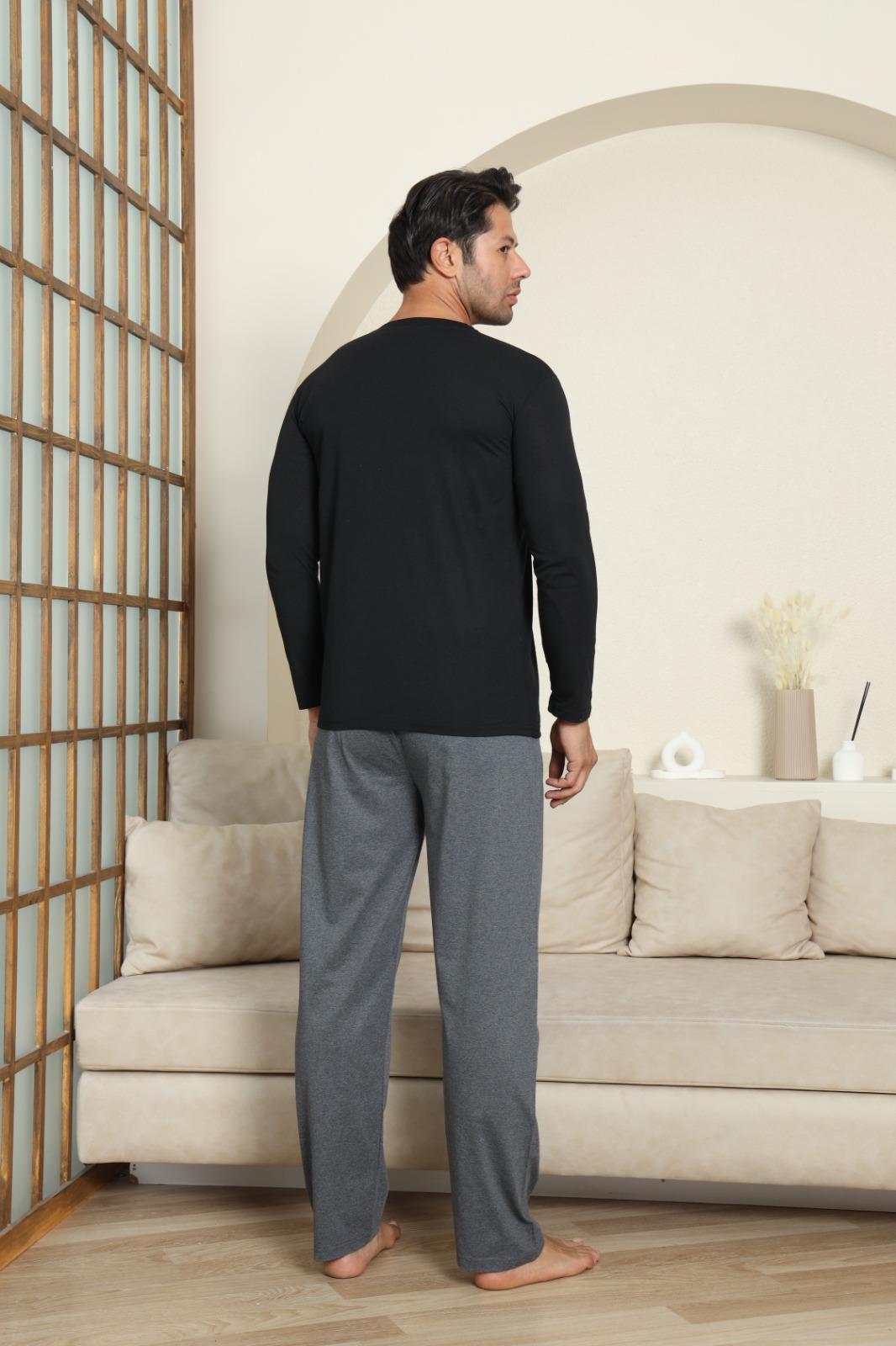 Erkek Pamuklu Uzun Kol Siyah Pijama Takımı