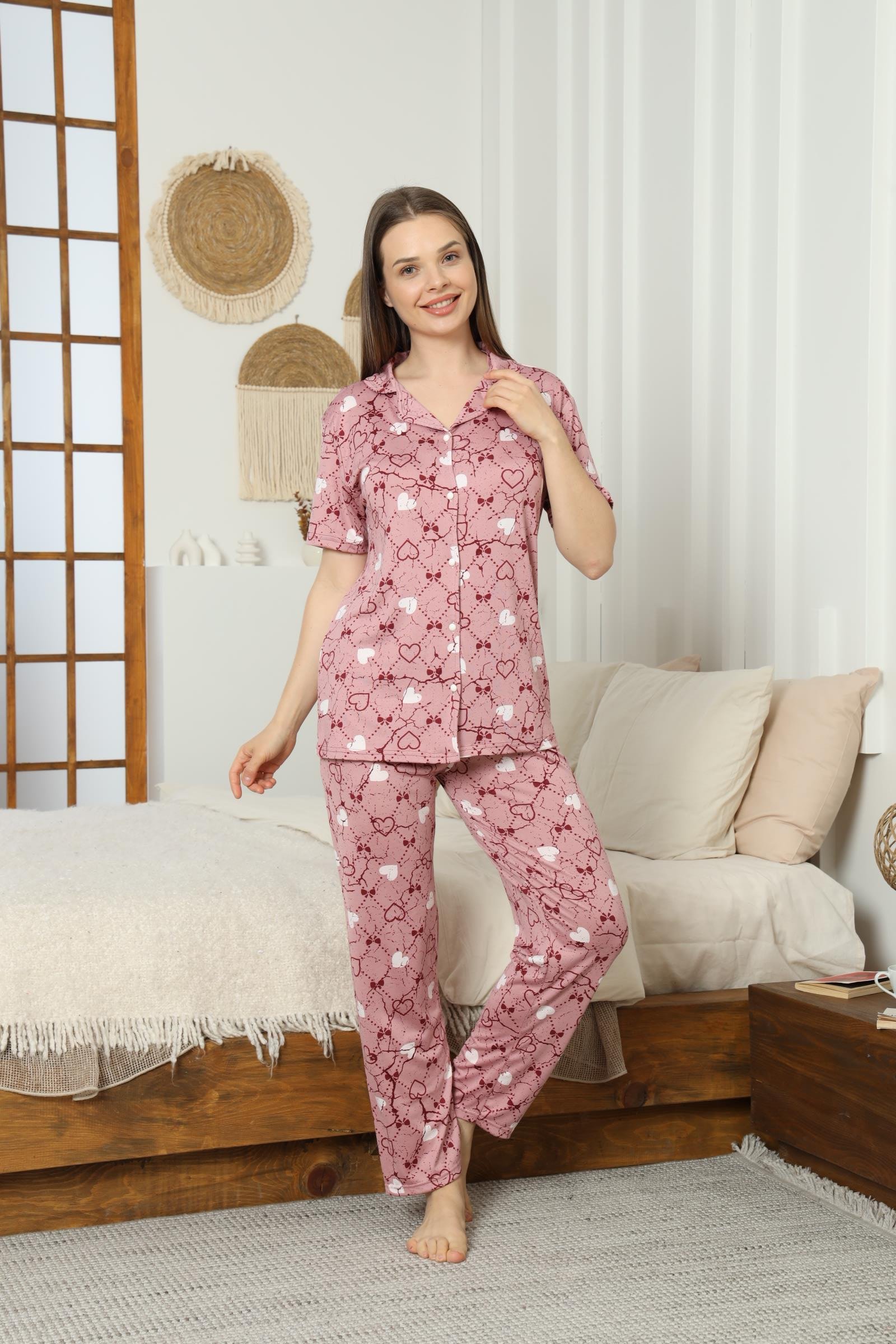 Kadın Düğmeli Milan Kısa Kol Pijama Takımı