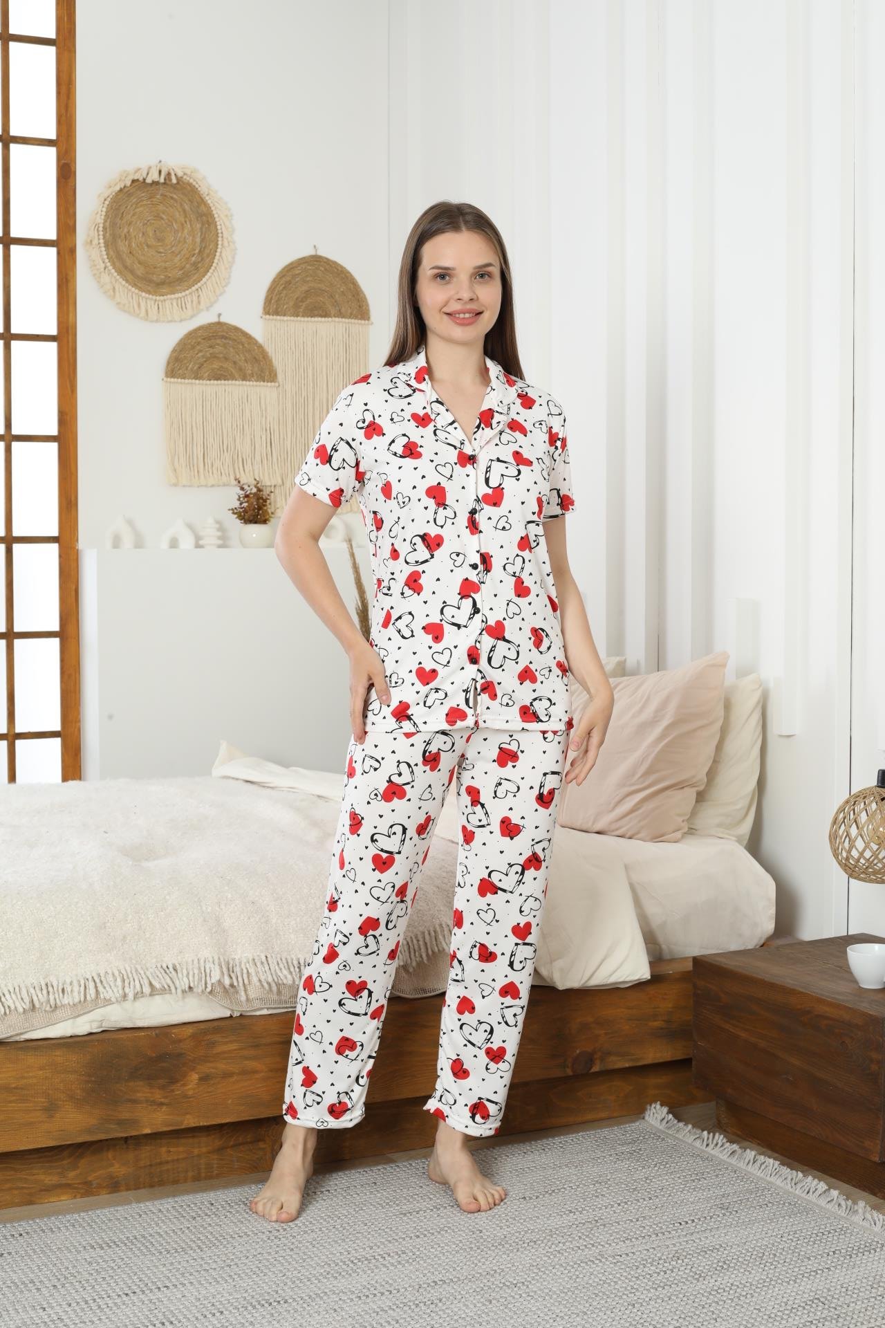 Kadın Düğmeli Milan Kısa Kol Pijama Takımı