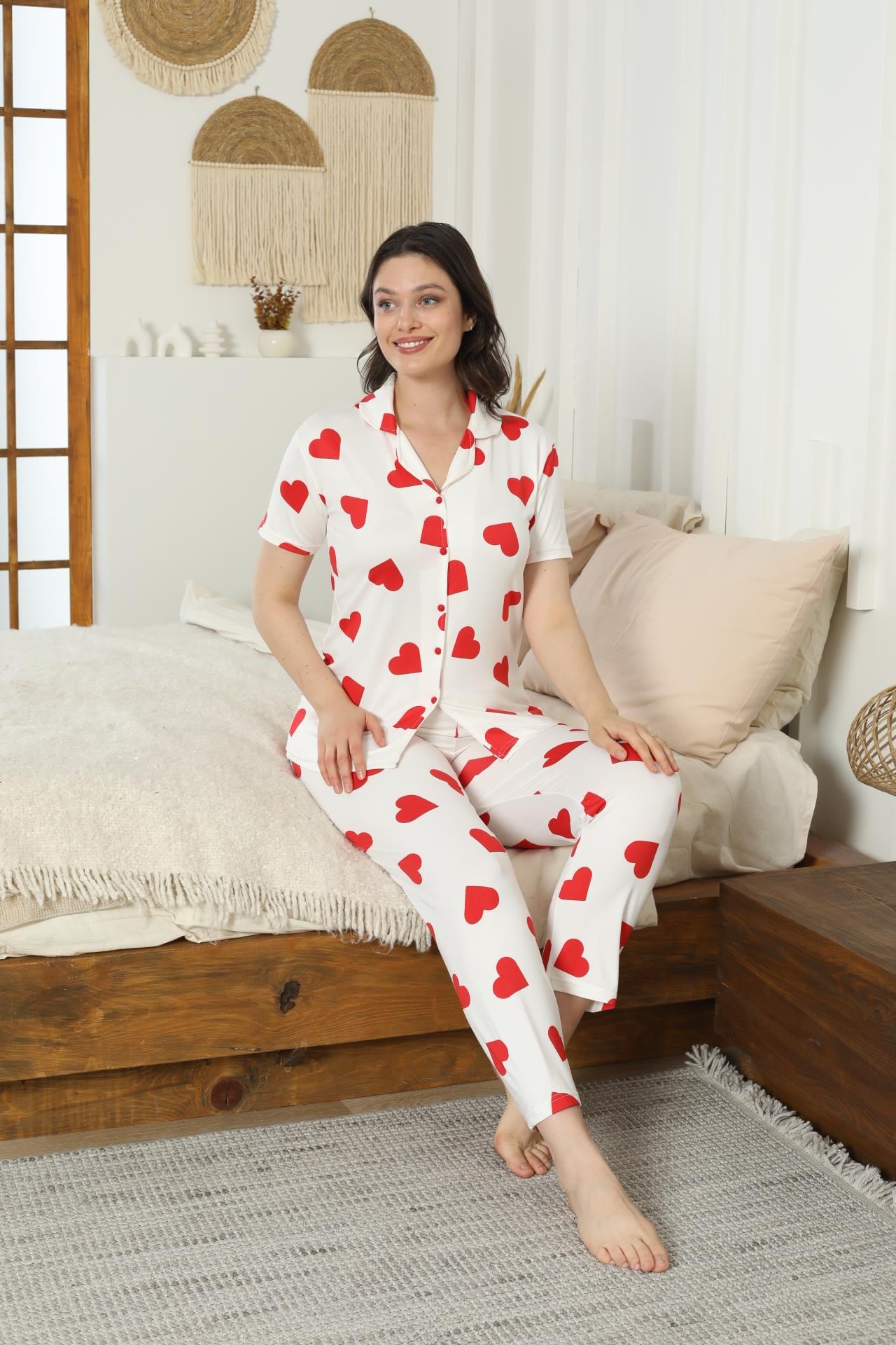 Kadın Milan Düğmeli Kalp Desenli Beyaz Pijama Takımı