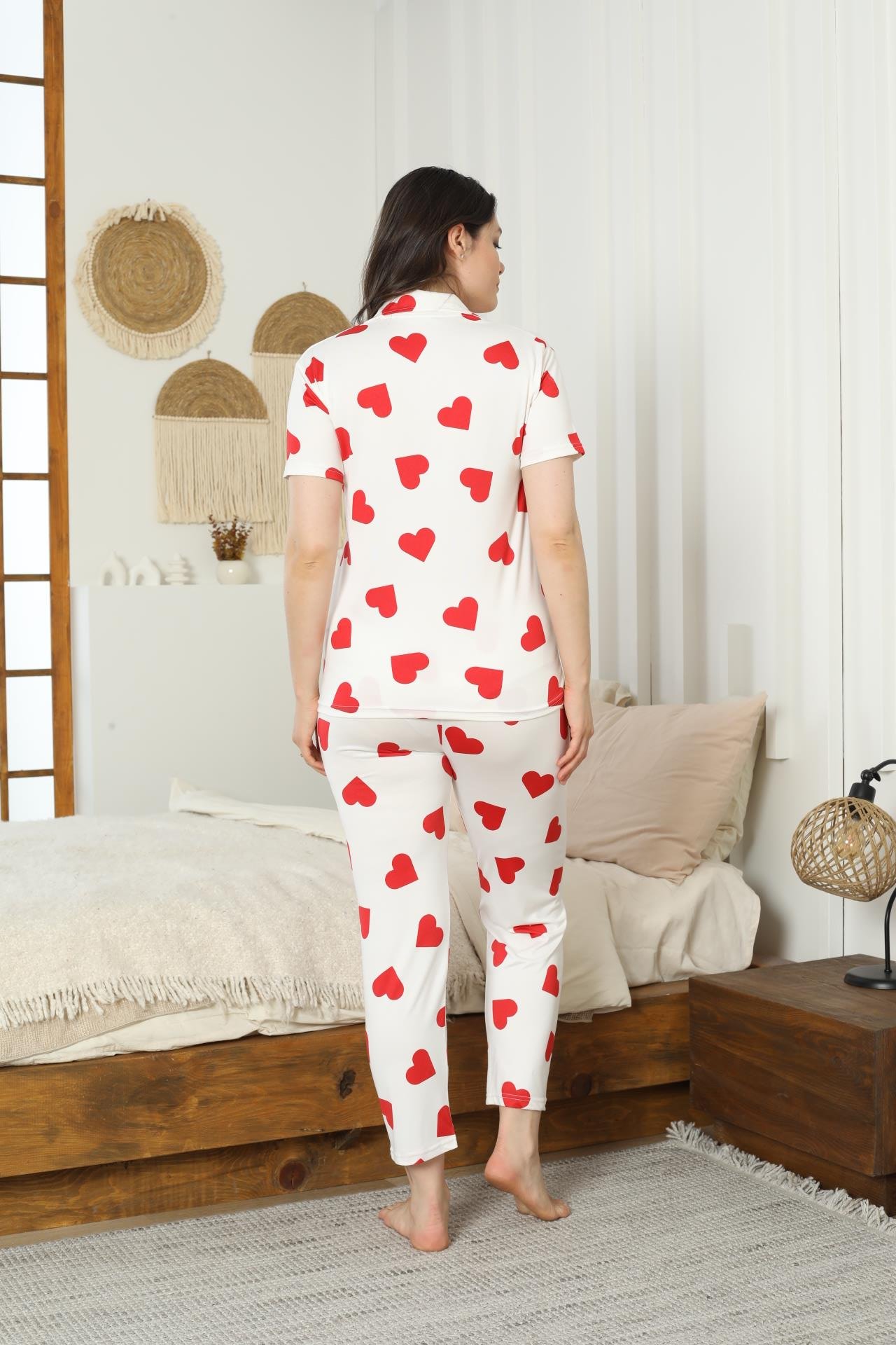 Kadın Milan Düğmeli Kalp Desenli Beyaz Pijama Takımı