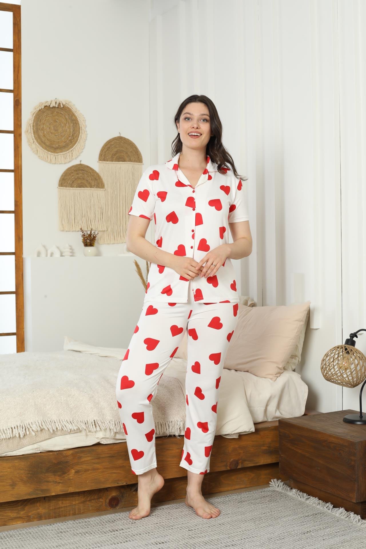Kadın Milan Düğmeli Kalp Desenli Beyaz Pijama Takımı