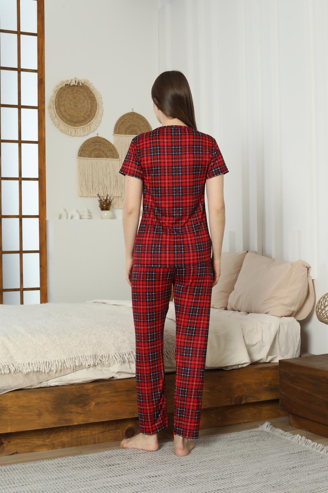 Kadın Pegasus Ekose Desenli Kırmızı Pijama Takımı