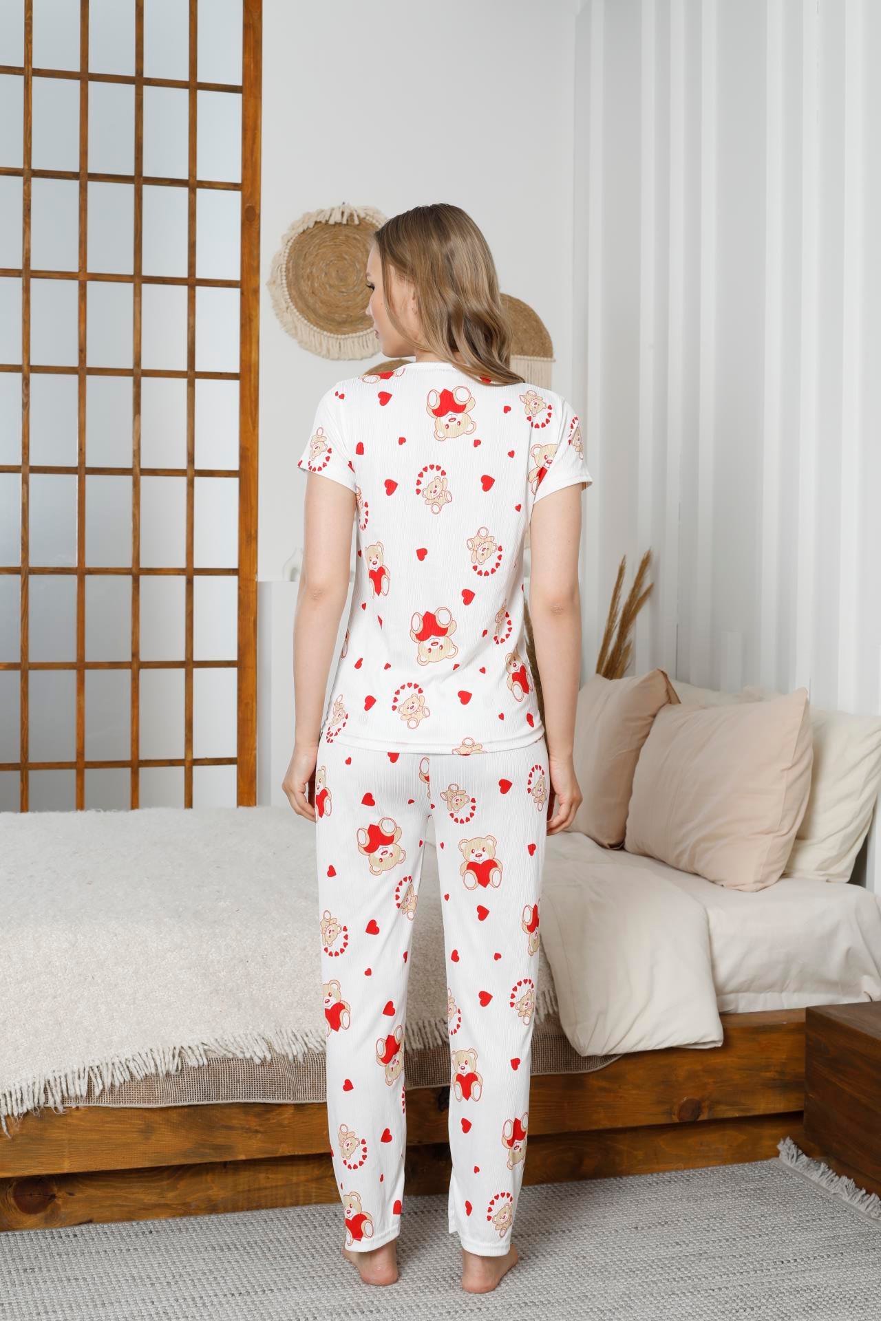 Pegasus Ayıcı Desenli Beyaz Kısa Kol Pijama Takımı