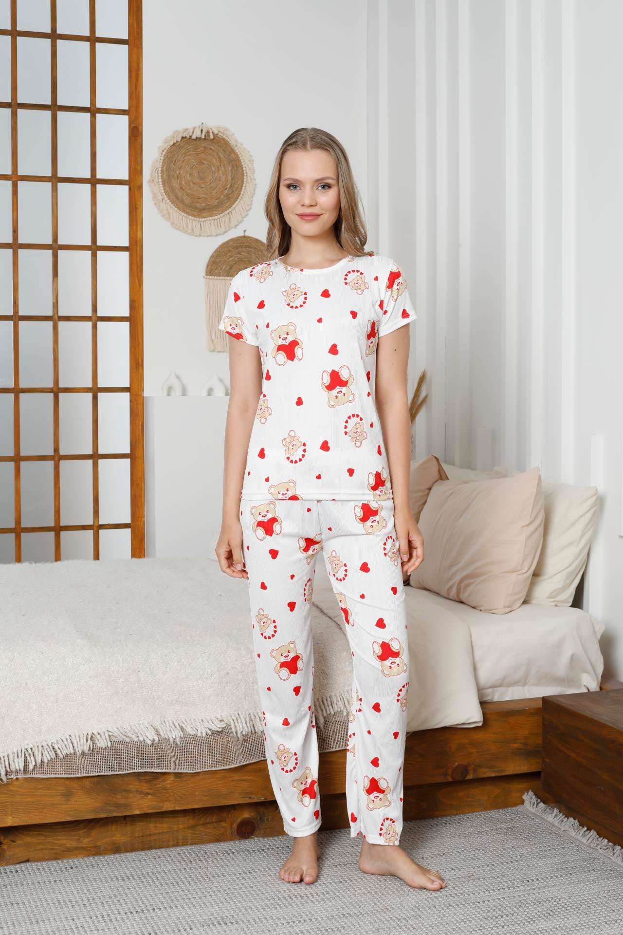 Pegasus Ayıcı Desenli Beyaz Kısa Kol Pijama Takımı