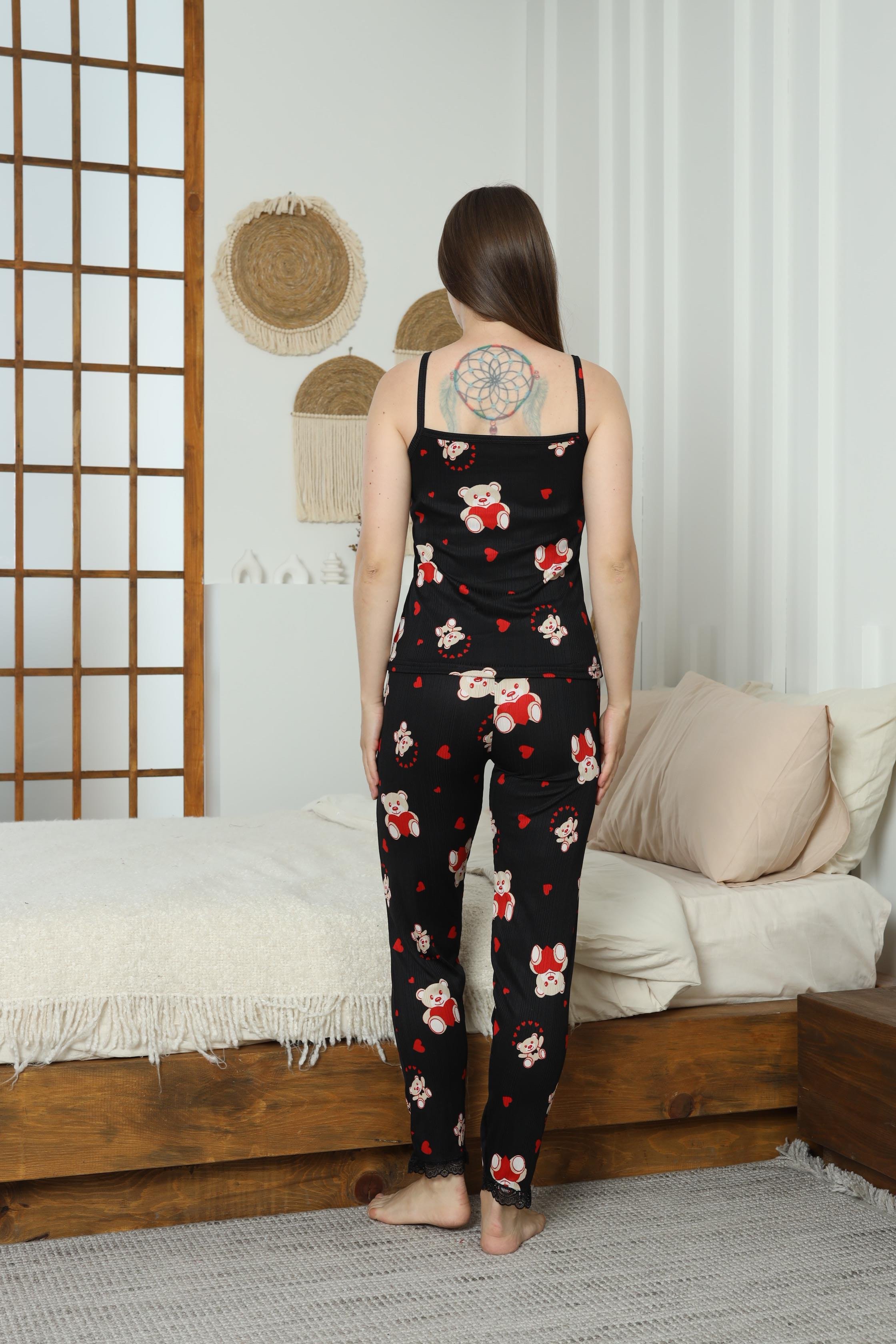 Pegasus İp Askılı Alt Uz Siyah Ayıcık Desenli Pijama Takımı