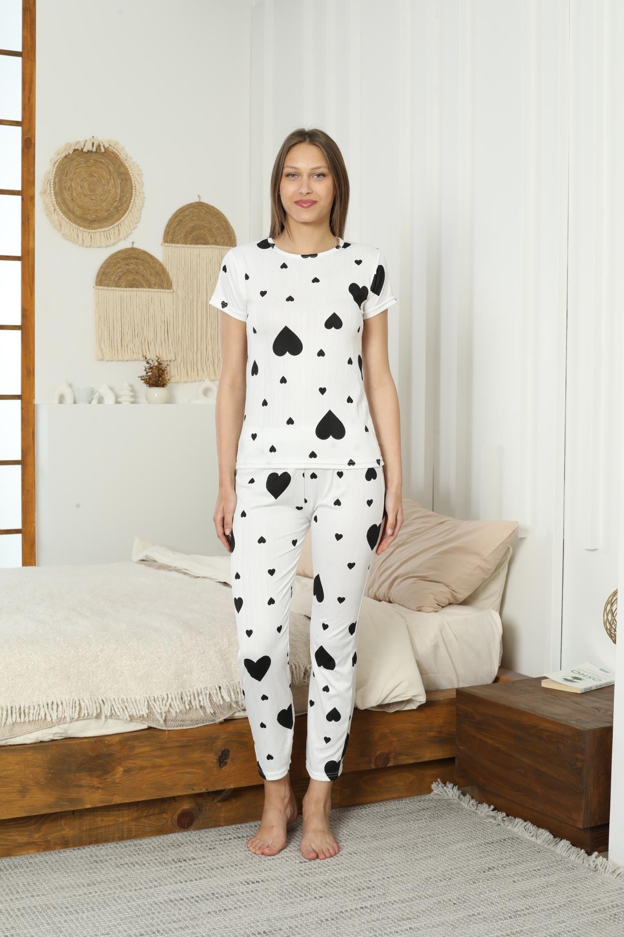 Pegasus Kalplı Desenli Beyaz Kısa Kol Pijama Takımı