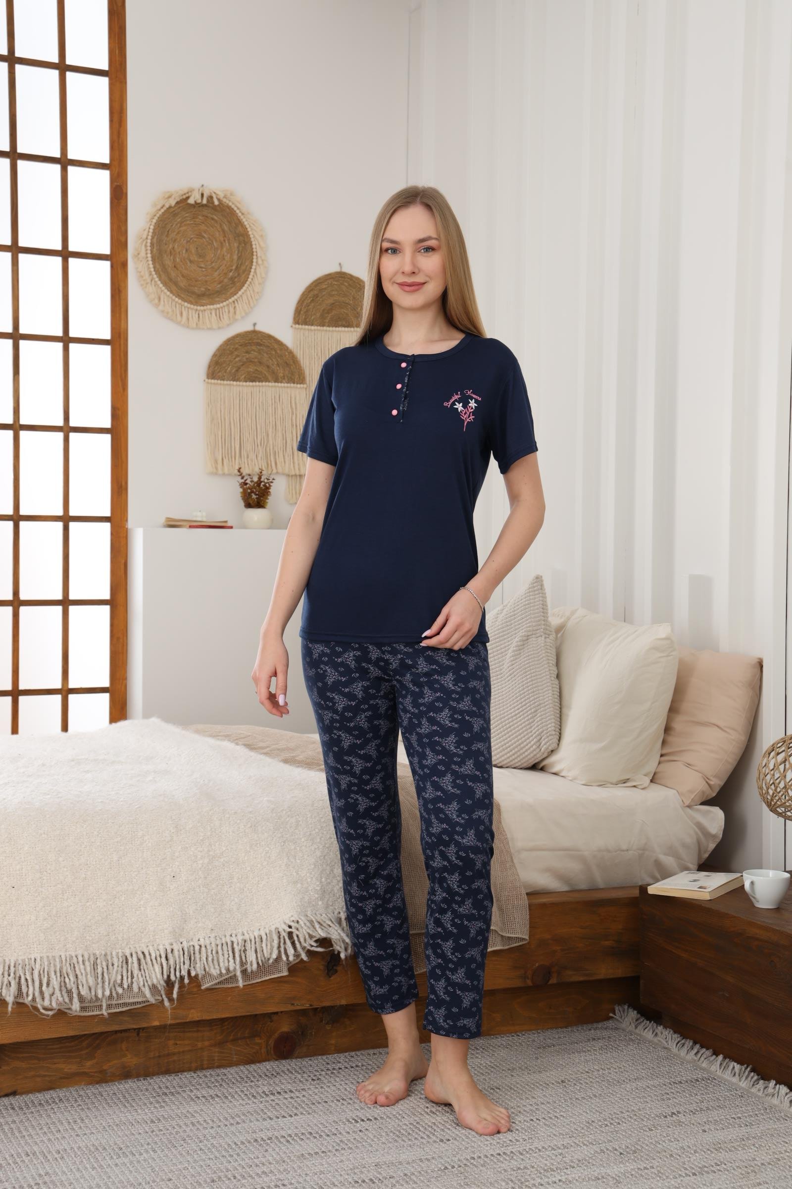 VİSKON KADIN KISA KOL PIJAMA TAKIMI