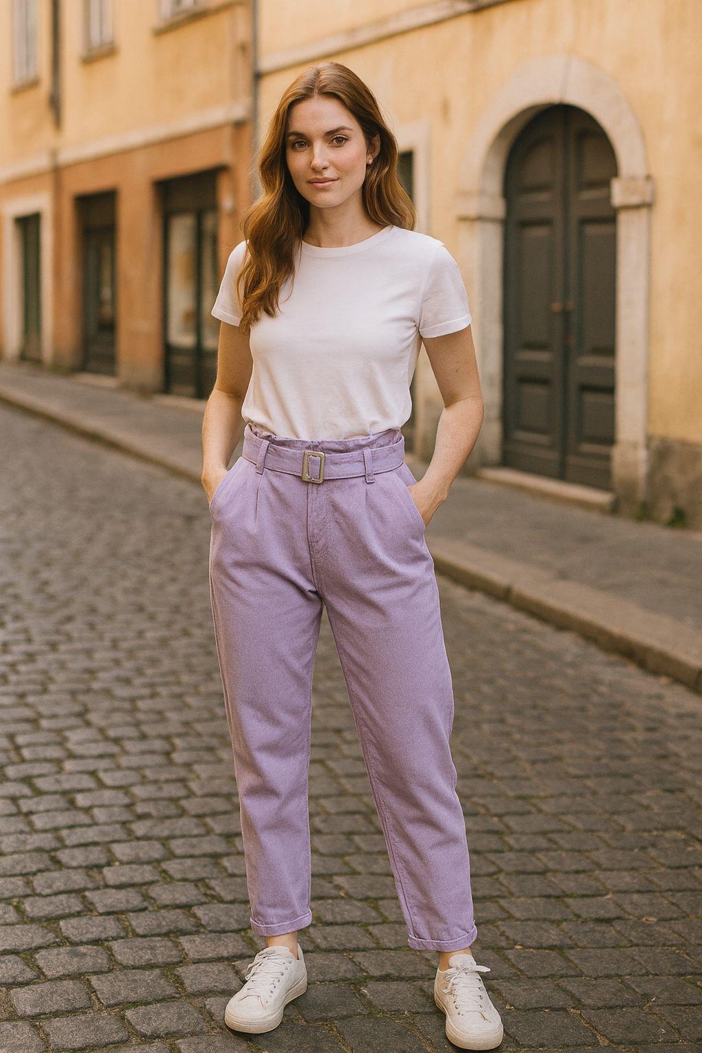 PANTOLONKemerli Boru Paça Pantolon Lila