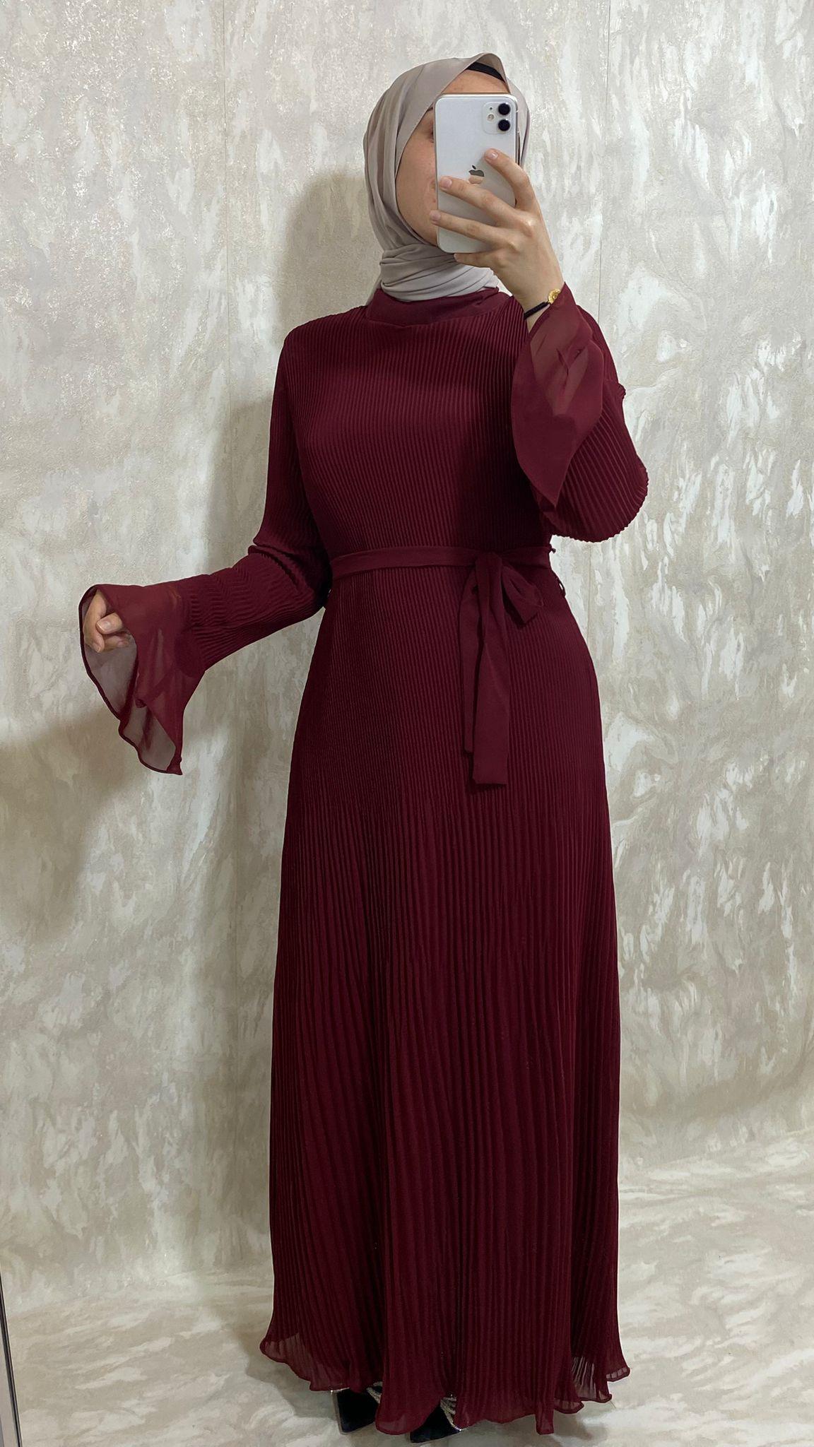 Piliseli Şifon Elbise-BORDO