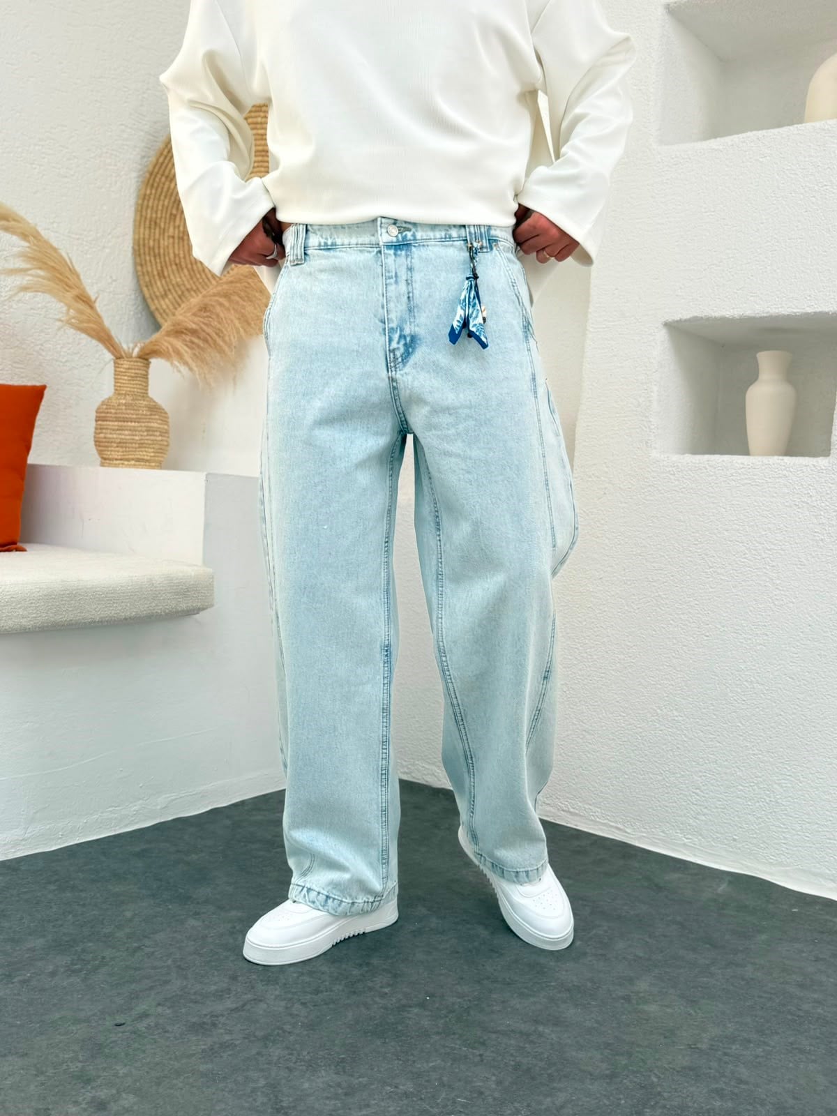 Aksesuar Şerit Detay Buz Mavi Baggy  Jean