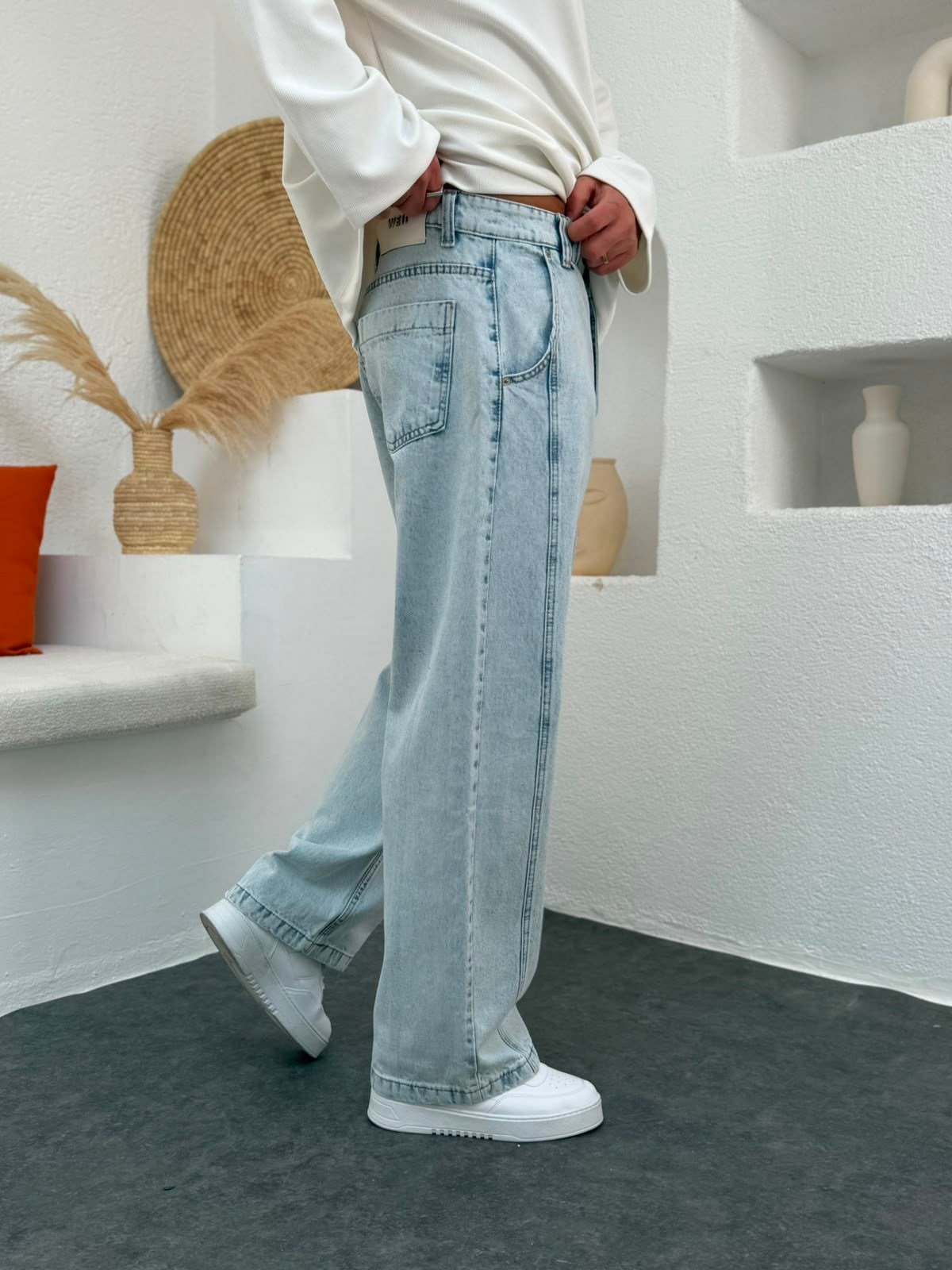 Aksesuar Şerit Detay Buz Mavi Baggy  Jean