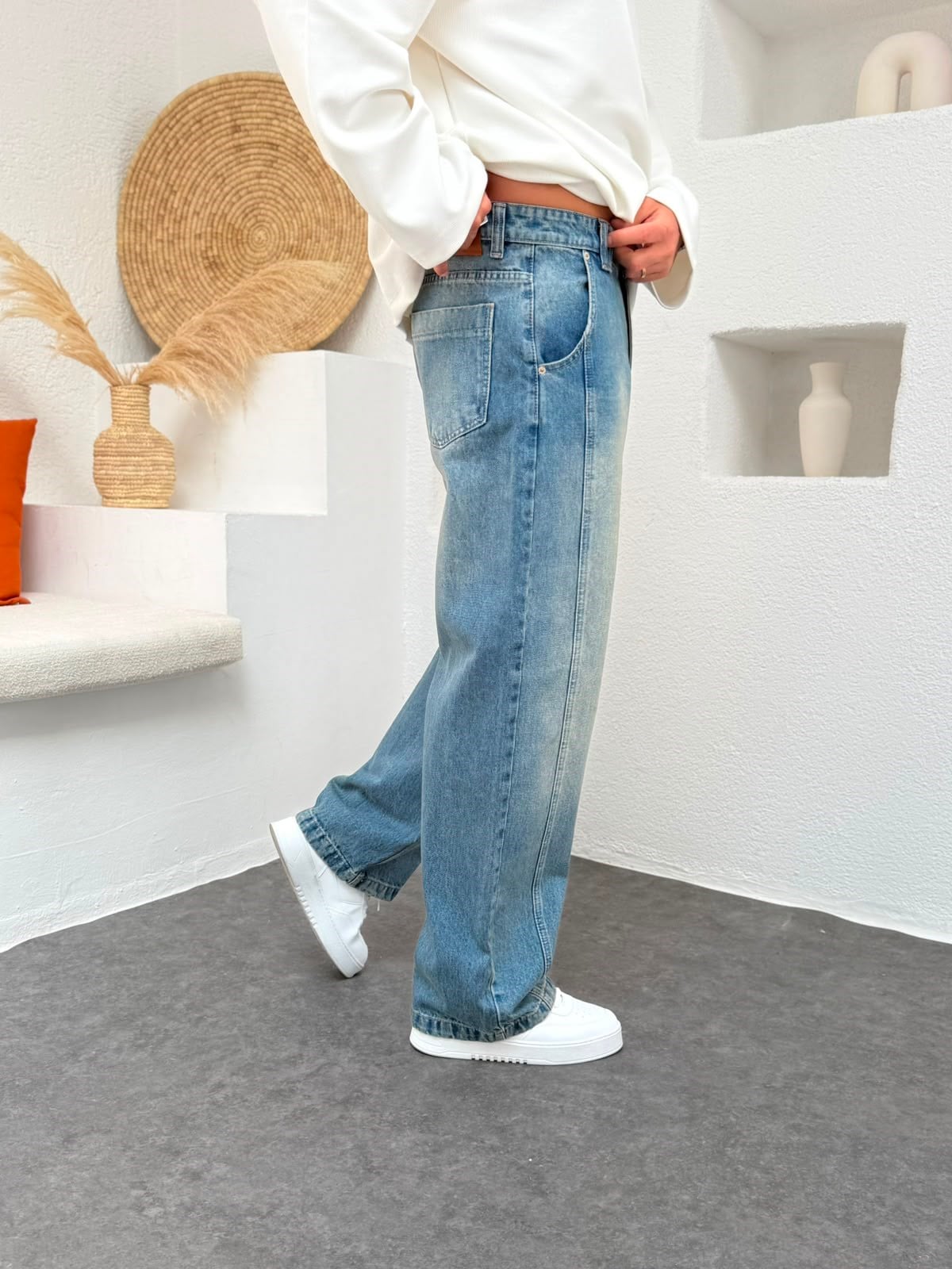 Aksesuar Şerit Detay Mavi Baggy  Jean