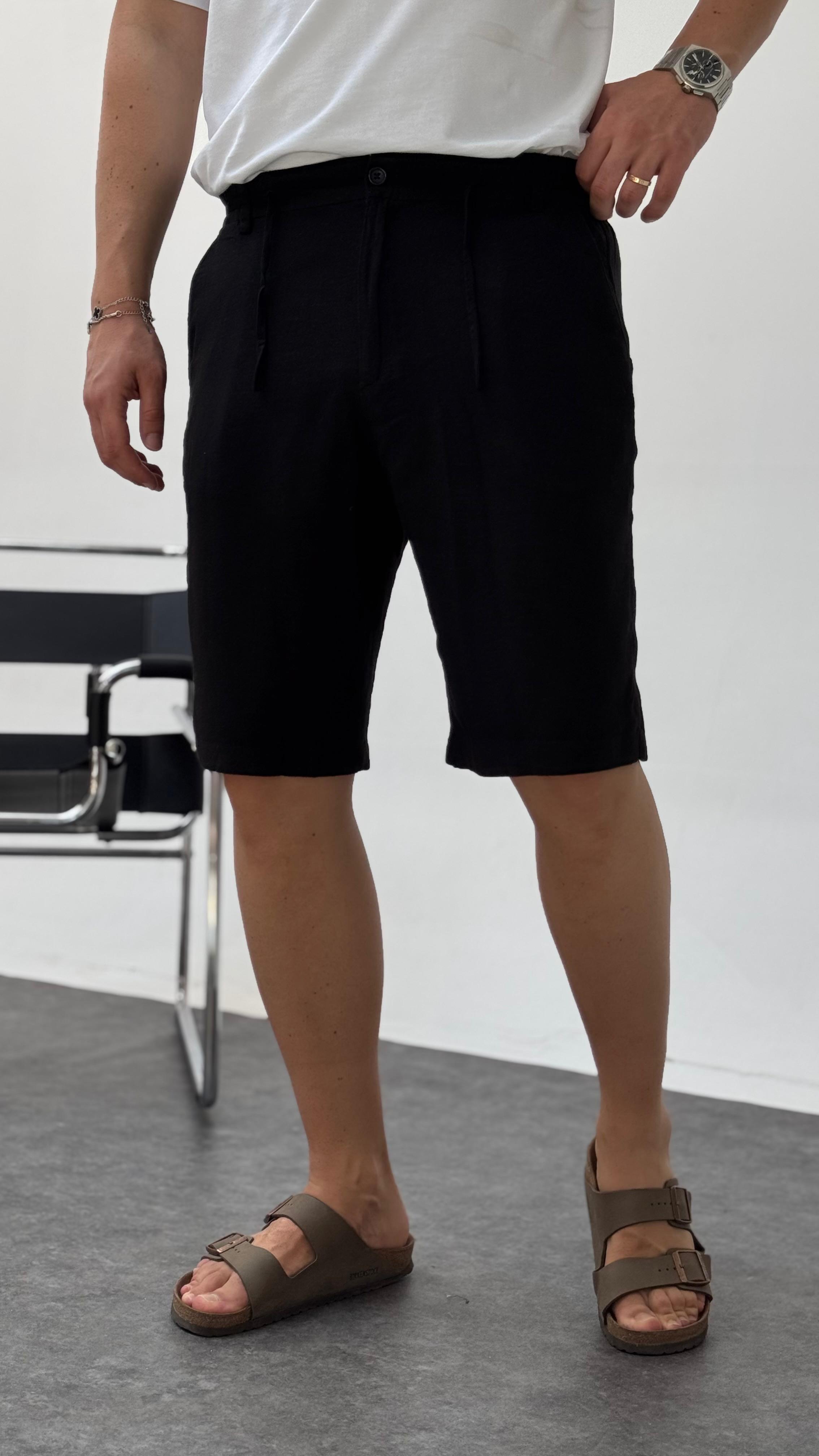 Baggy Kalıp Keten Şort Siyah