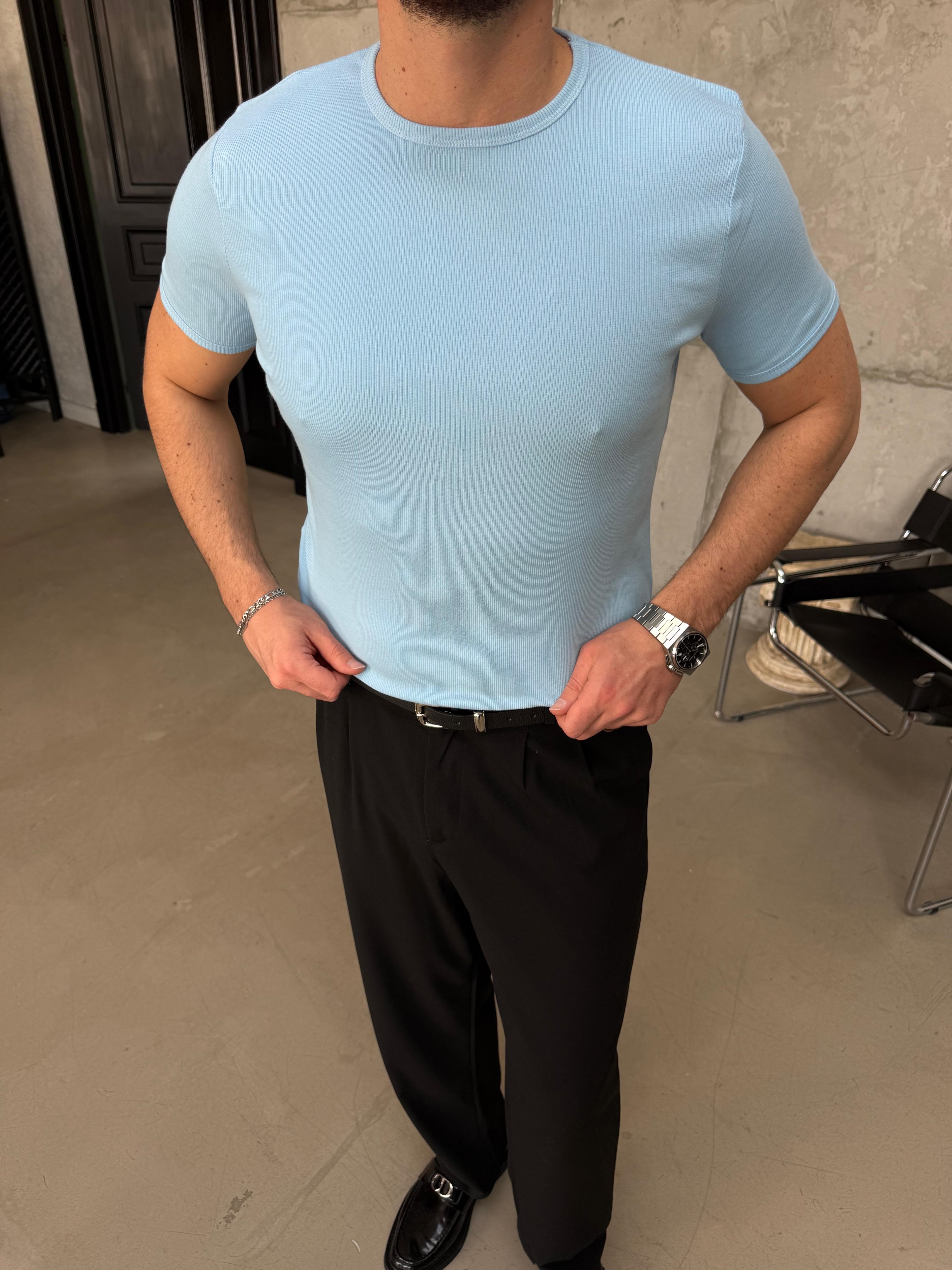 Bebe Mavi İnce Fitilli Slim Bisiklet Yaka T-Shirt