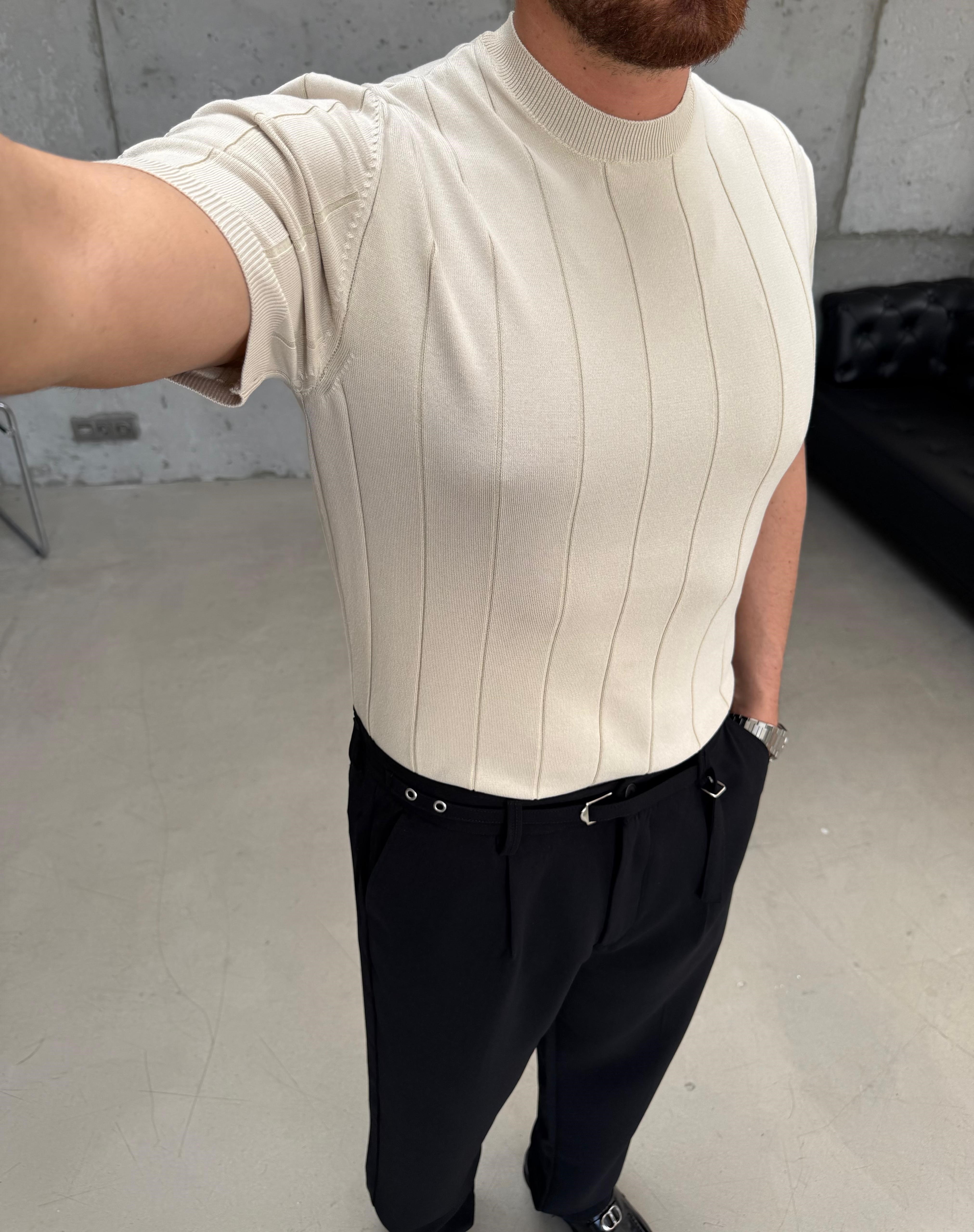 Bej Bisikilet Yaka Fitilli Triko T-Shirt