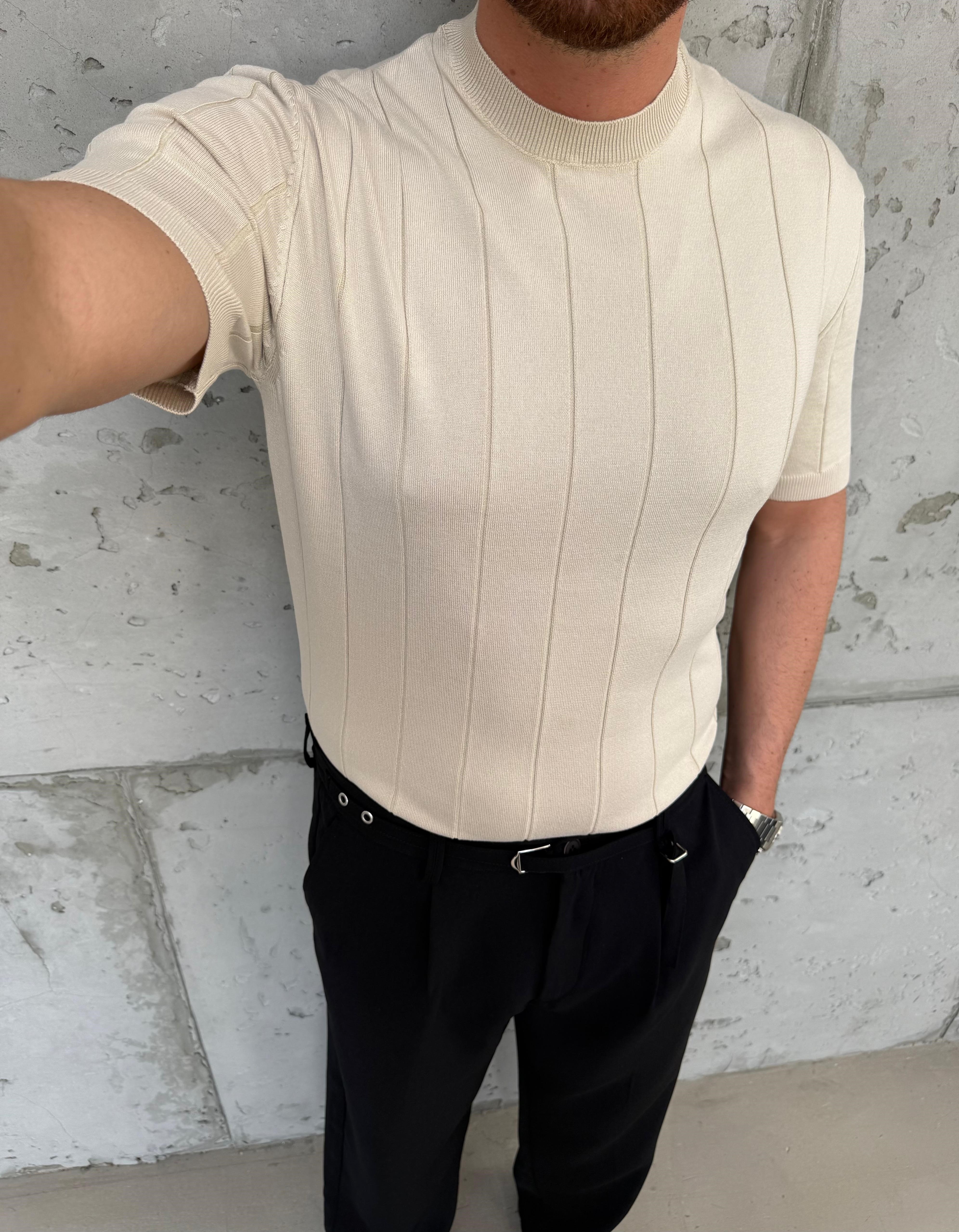Bej Bisikilet Yaka Fitilli Triko T-Shirt