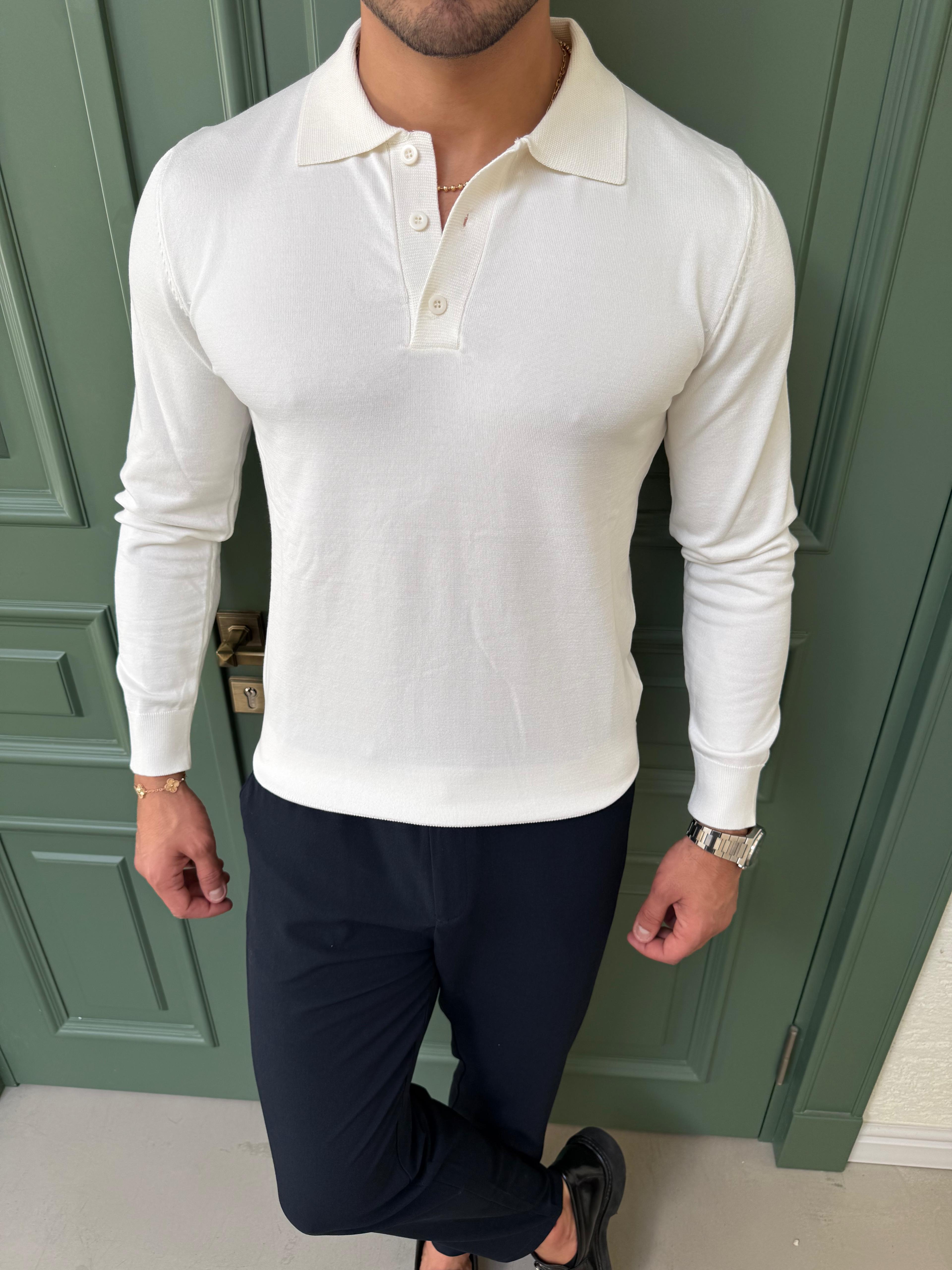 Beyaz Basic Polo Yaka Triko