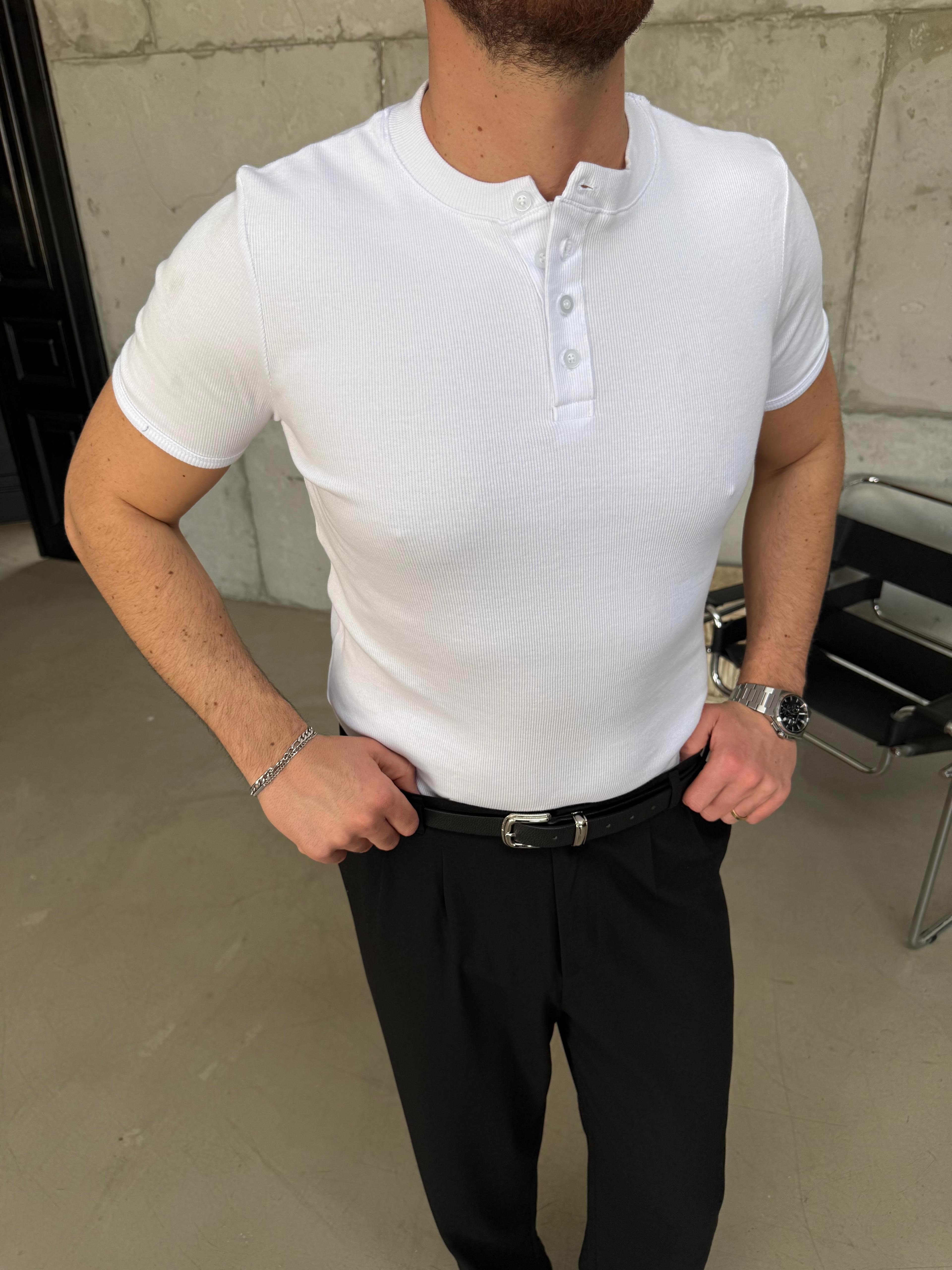 Beyaz Henley Yaka Slimfit Fitilli T-Shirt
