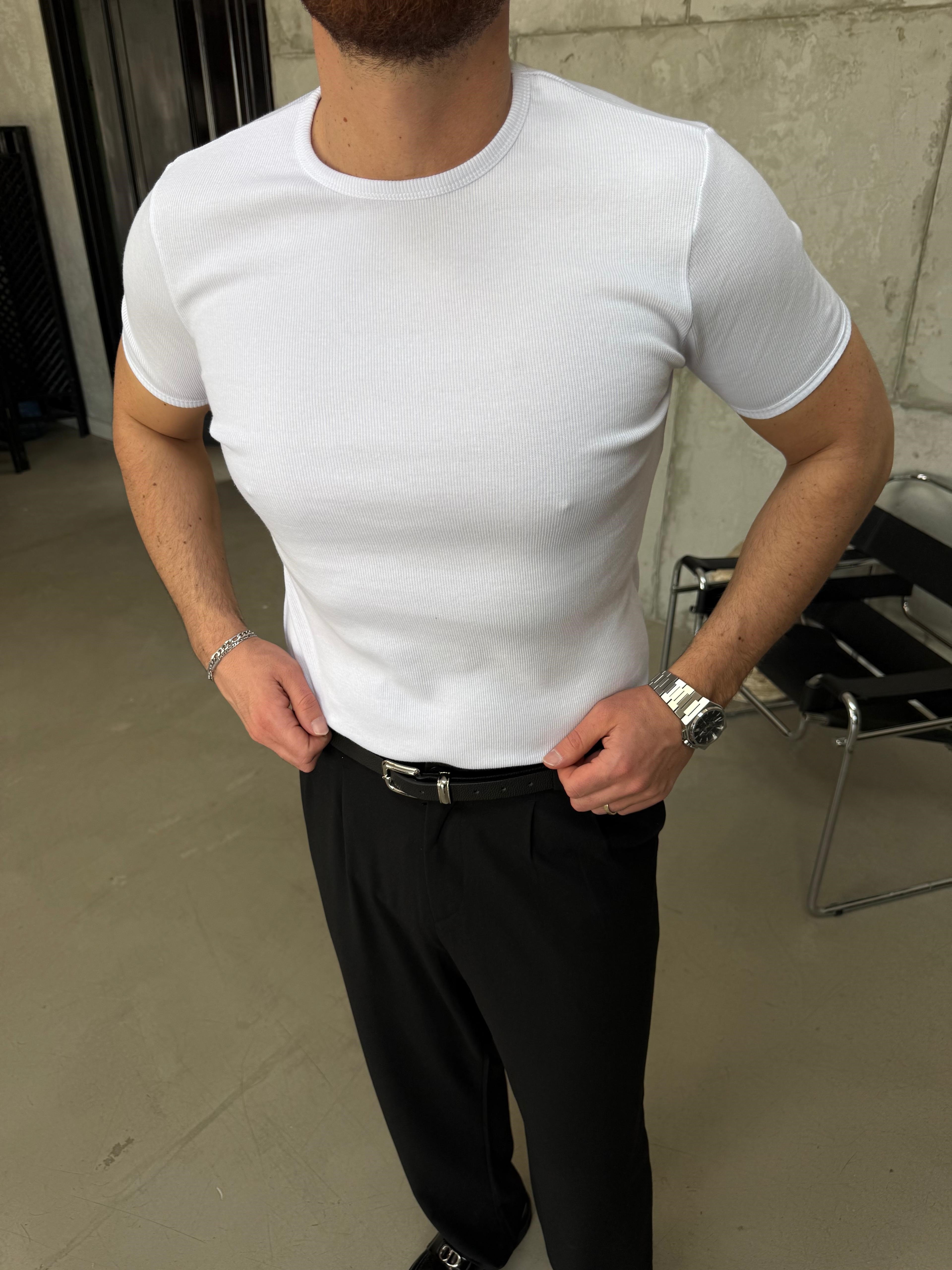 Beyaz İnce Fitilli Slim Bisiklet Yaka T-Shirt
