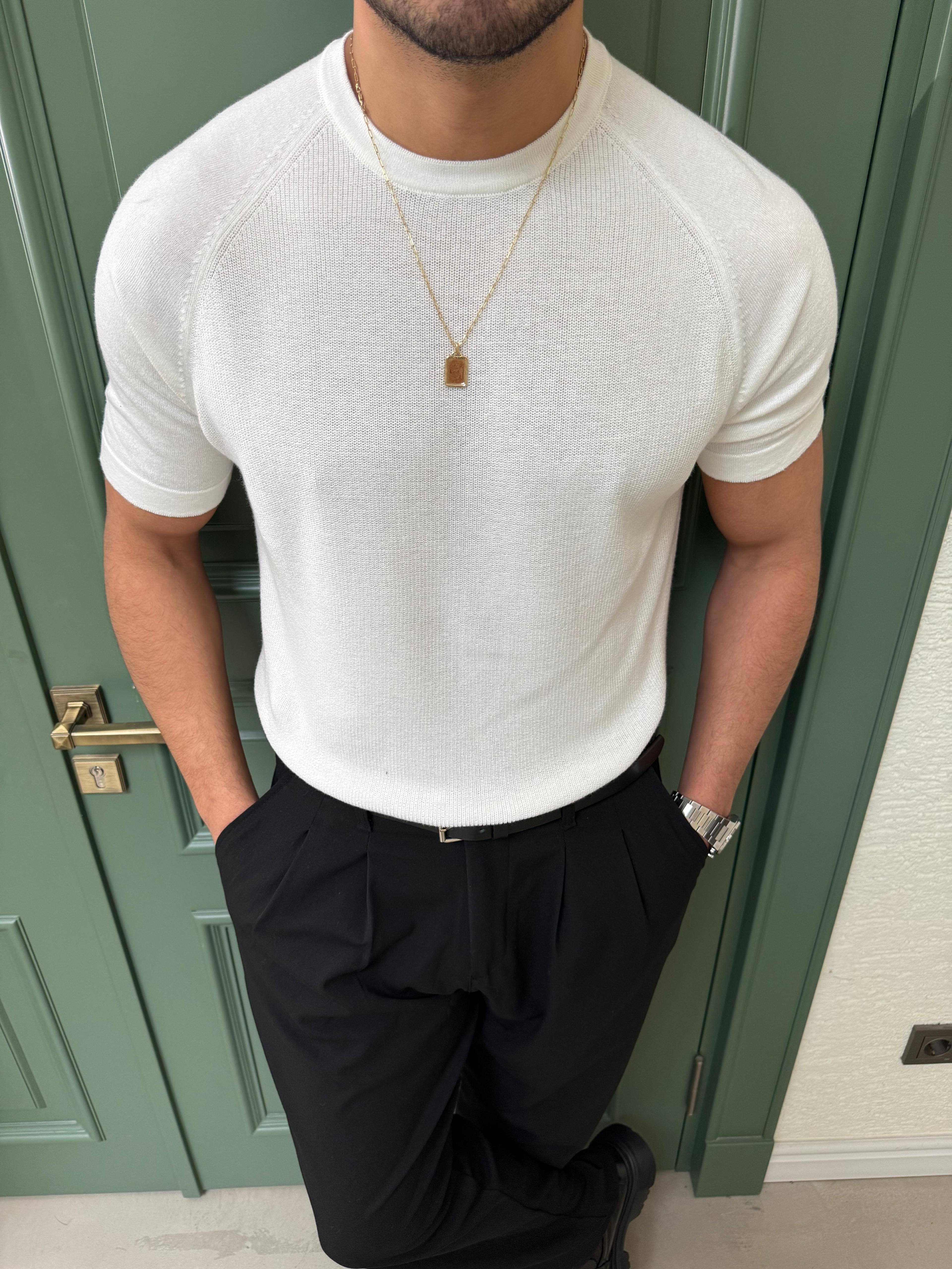 Beyaz Reglan Kol Triko T-Shirt