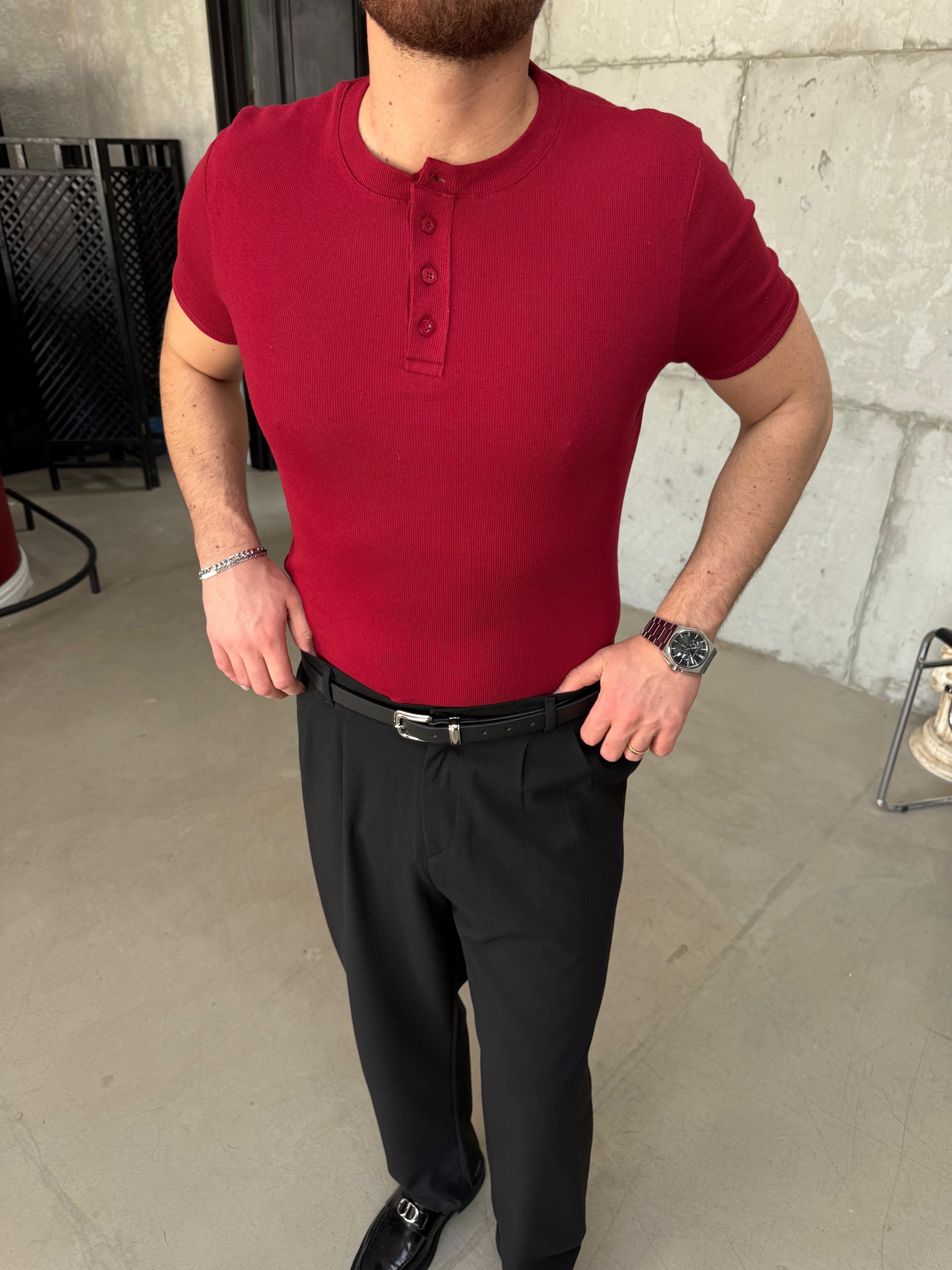Bordo Henley Yaka Slimfit Fitilli T-Shirt