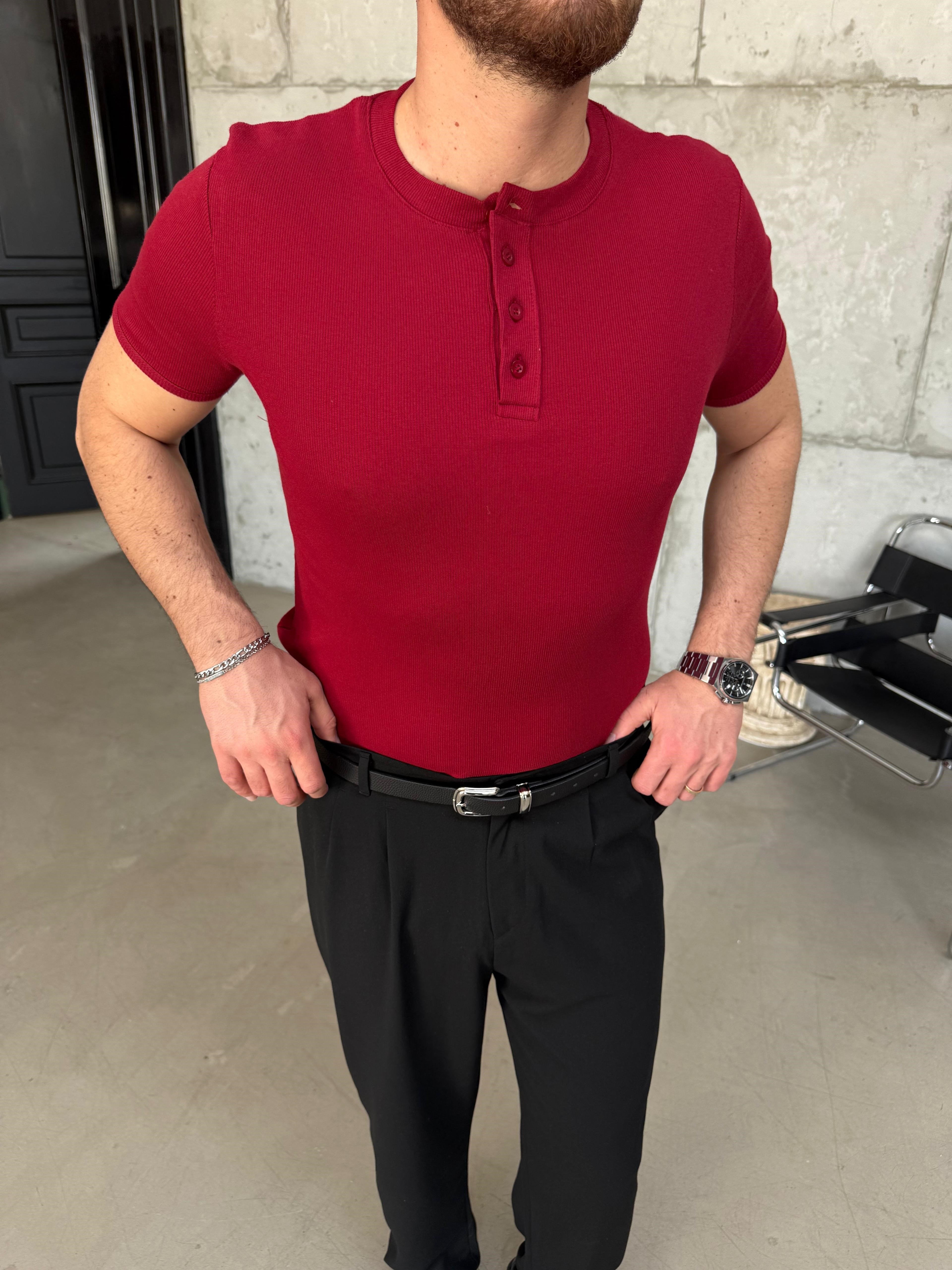 Bordo Henley Yaka Slimfit Fitilli T-Shirt