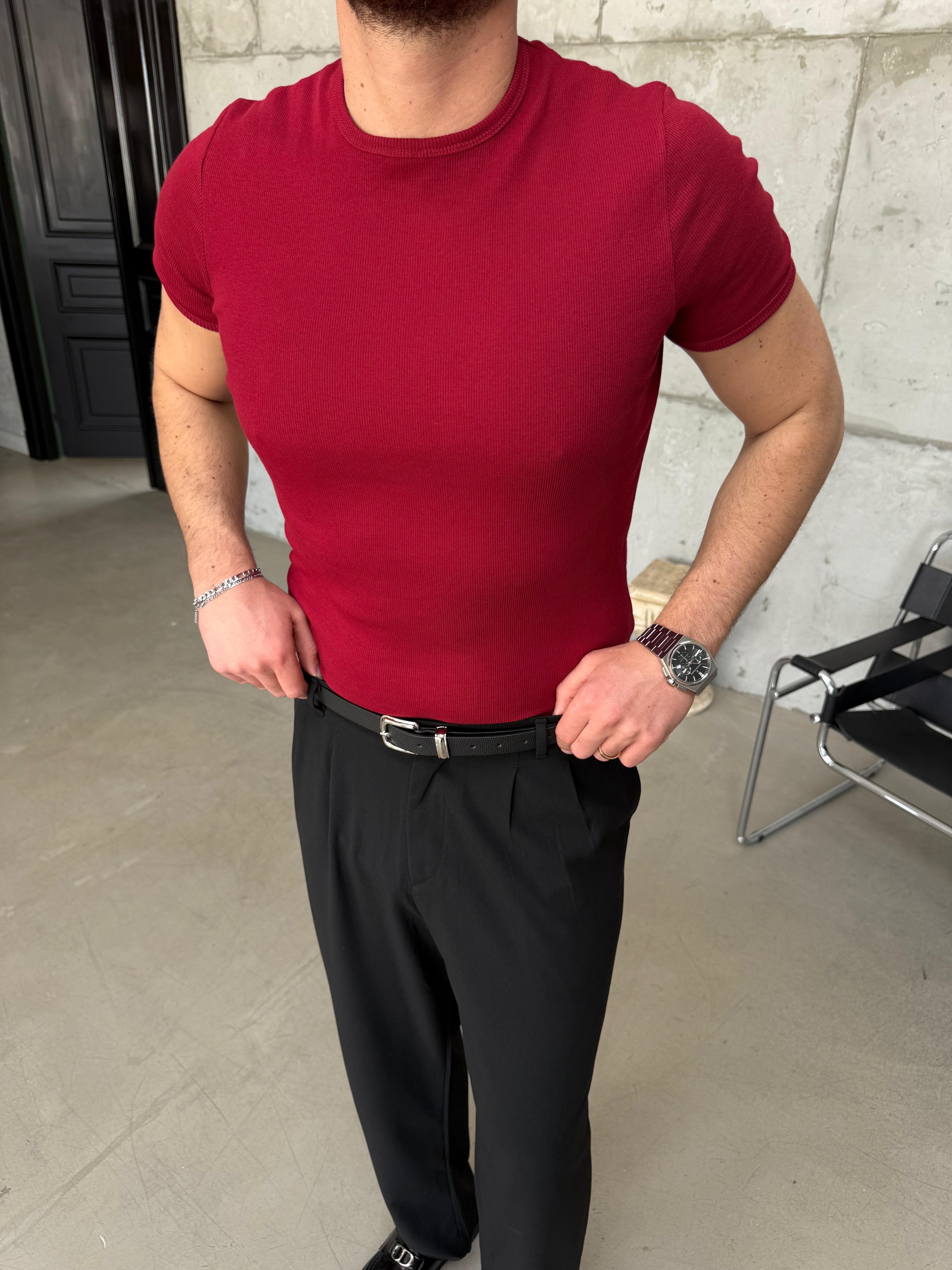 Bordo İnce Fitilli Slim Bisiklet Yaka T-Shirt