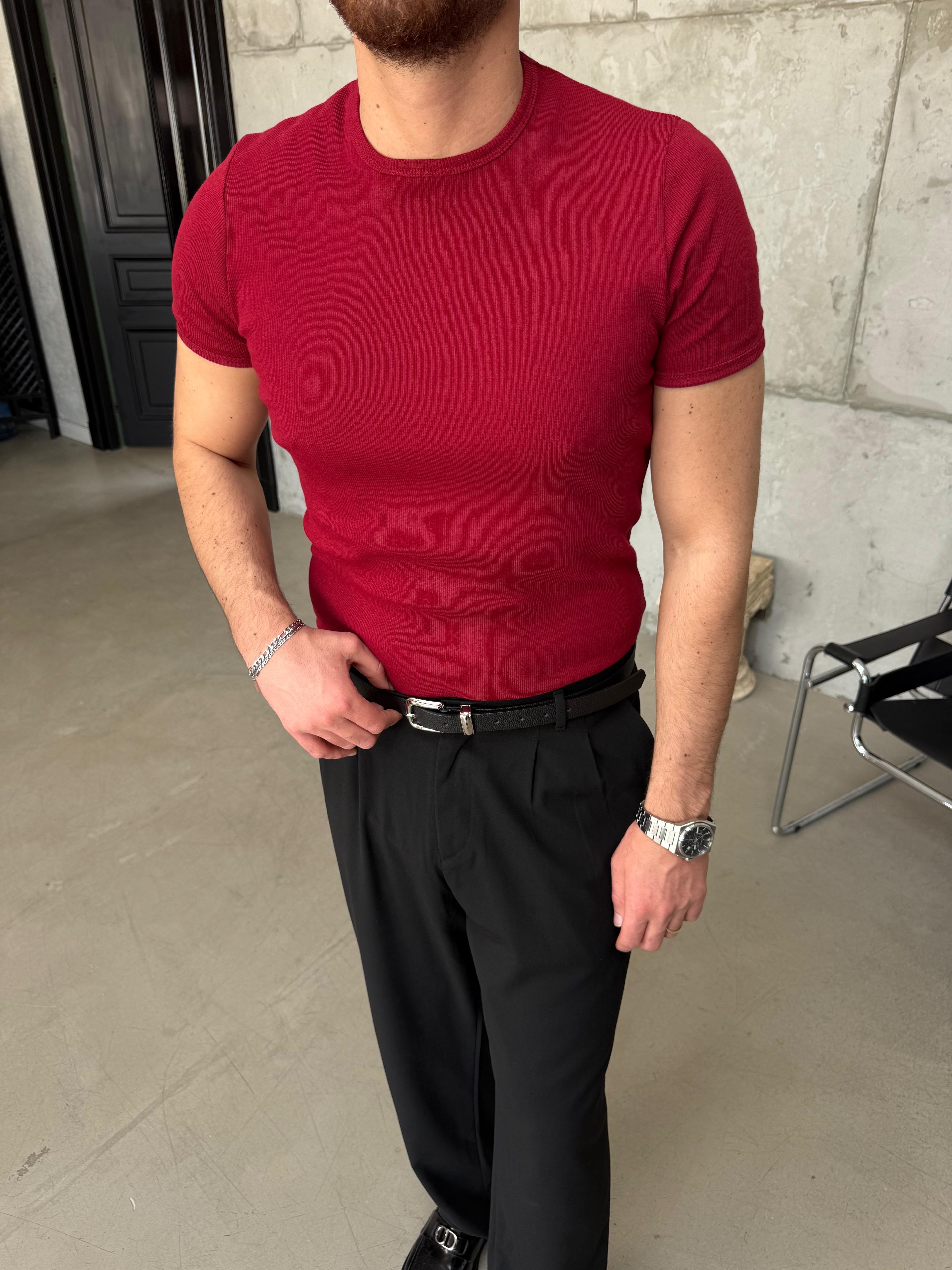Bordo İnce Fitilli Slim Bisiklet Yaka T-Shirt