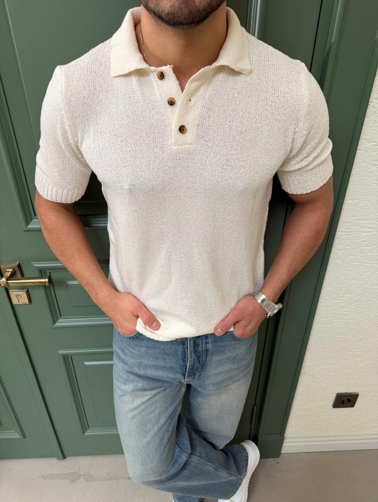 Ekru Polo Yaka Triko T-Shirt