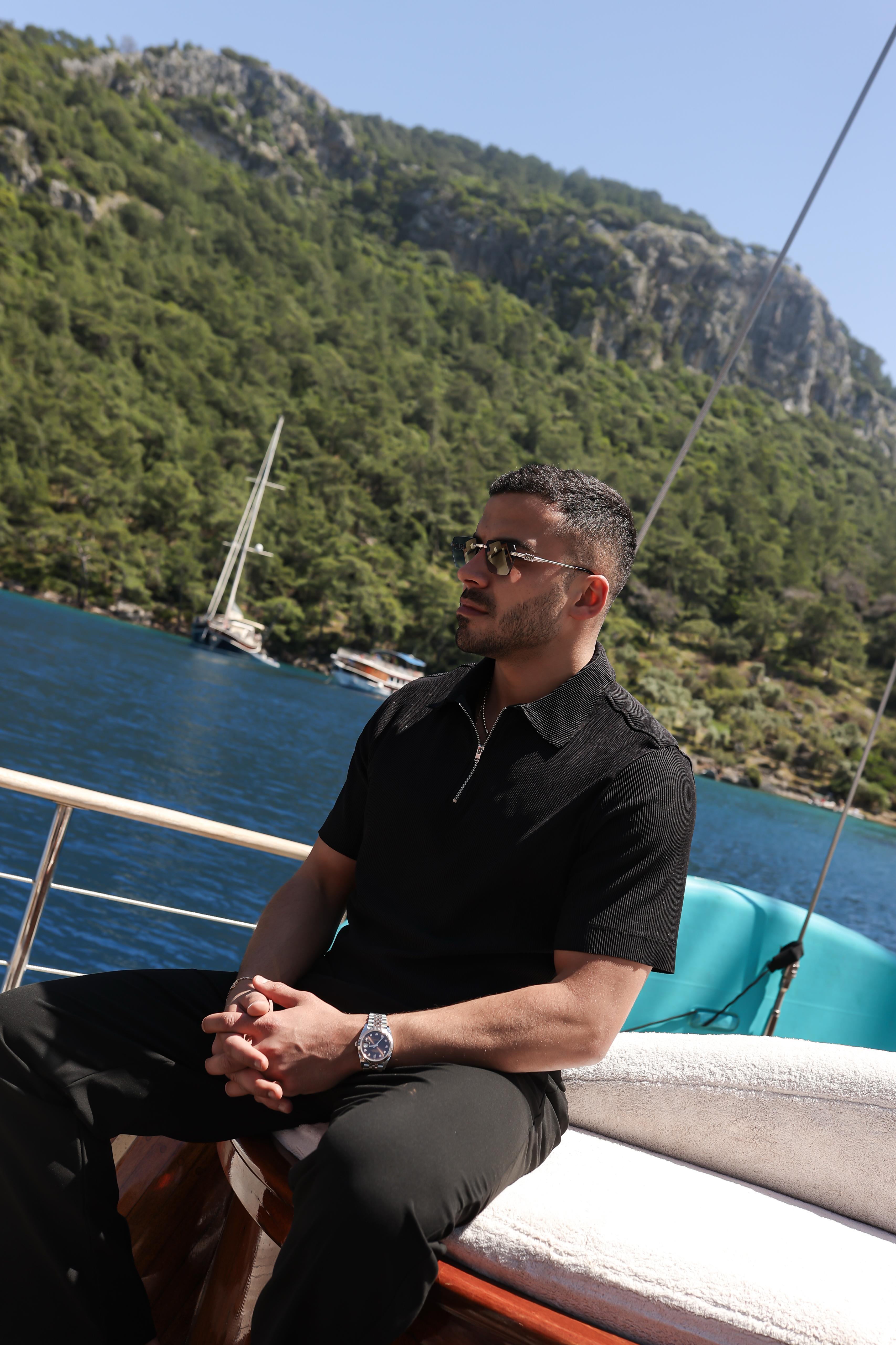 Fermuarlı Fitilli  Polo Yaka T-Shirt Siyah