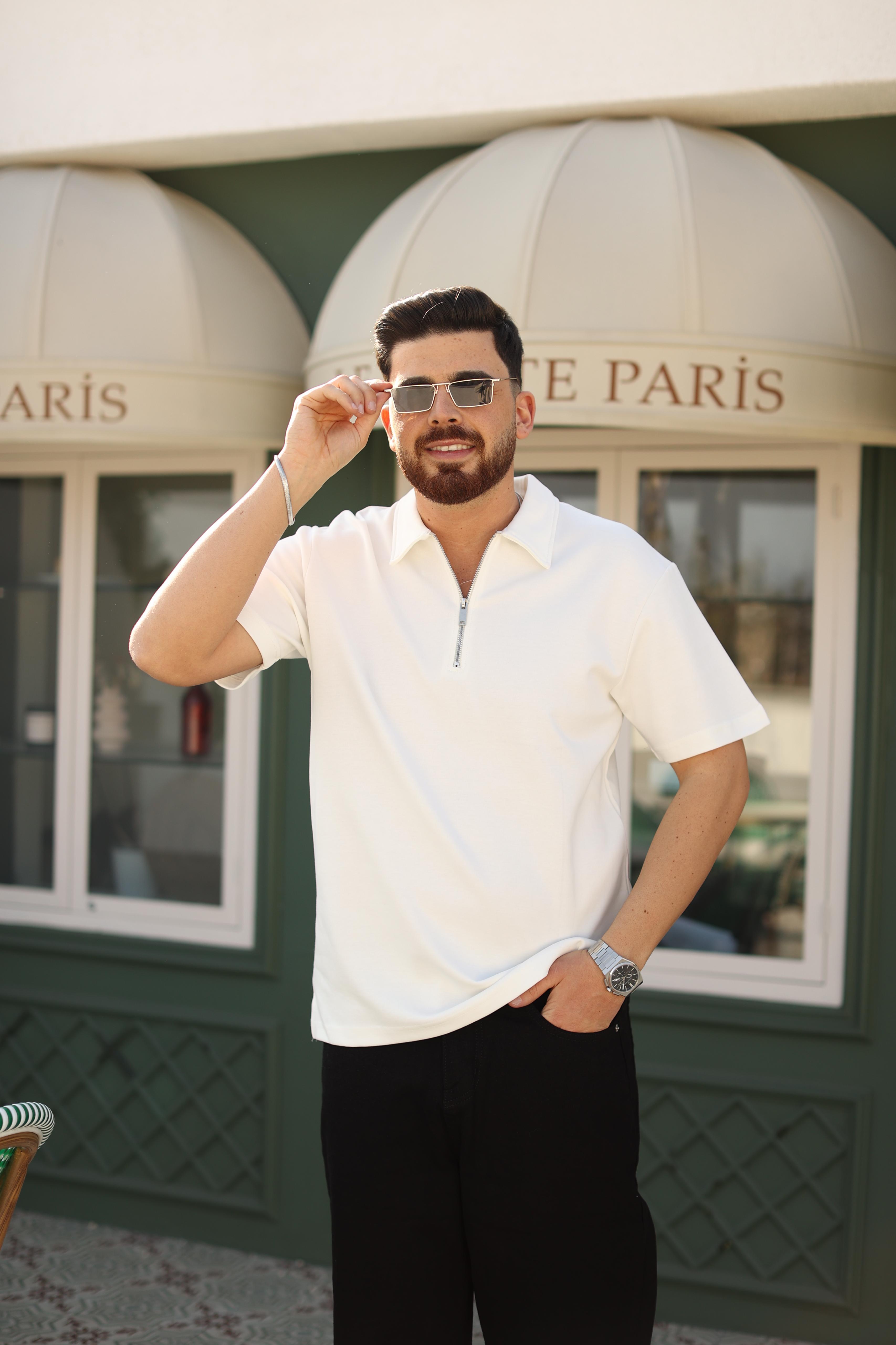 Fermuarlı Polo Yaka T-Shirt Beyaz
