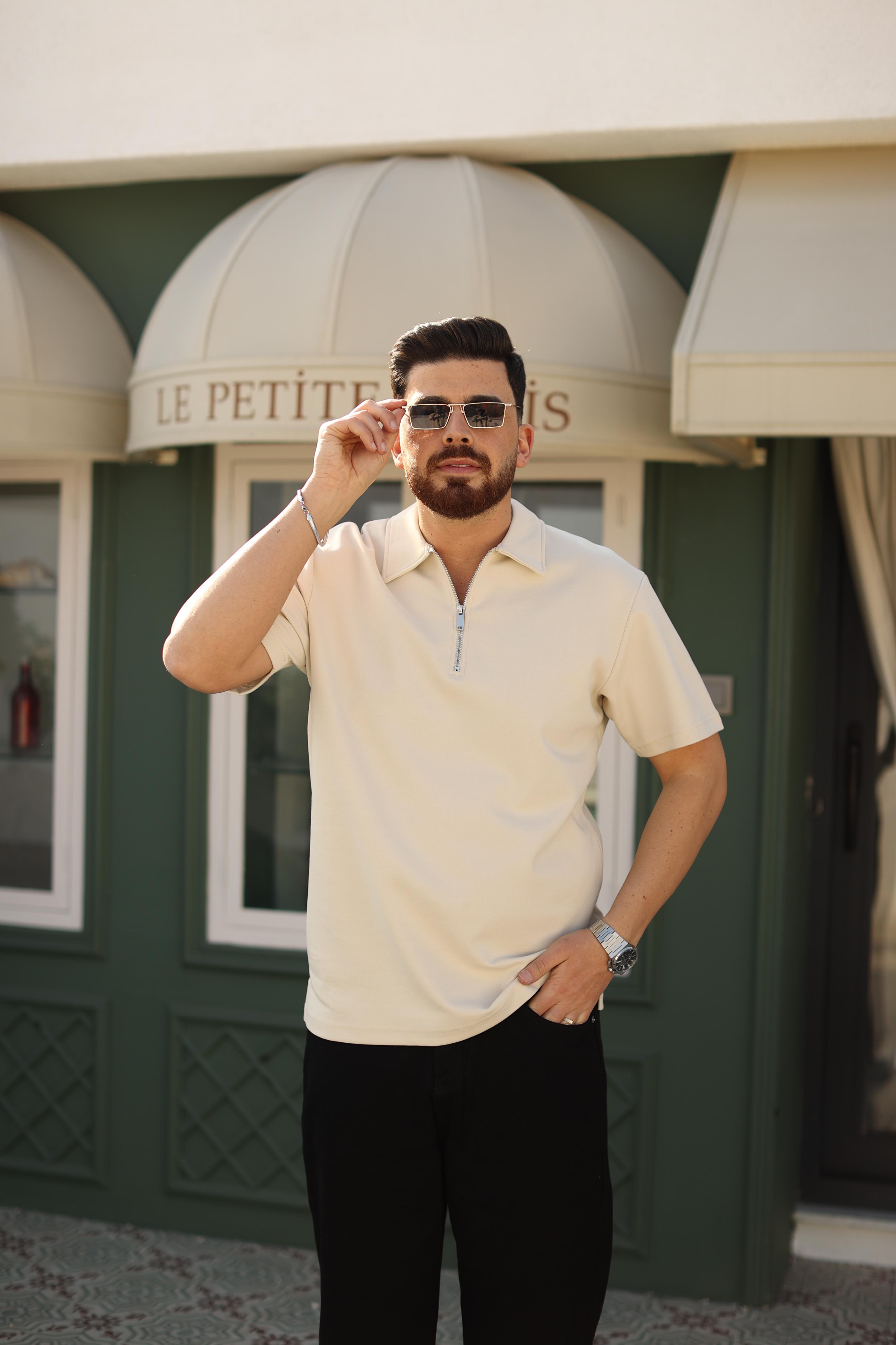 Fermuarlı Polo Yaka T-Shirt Krem