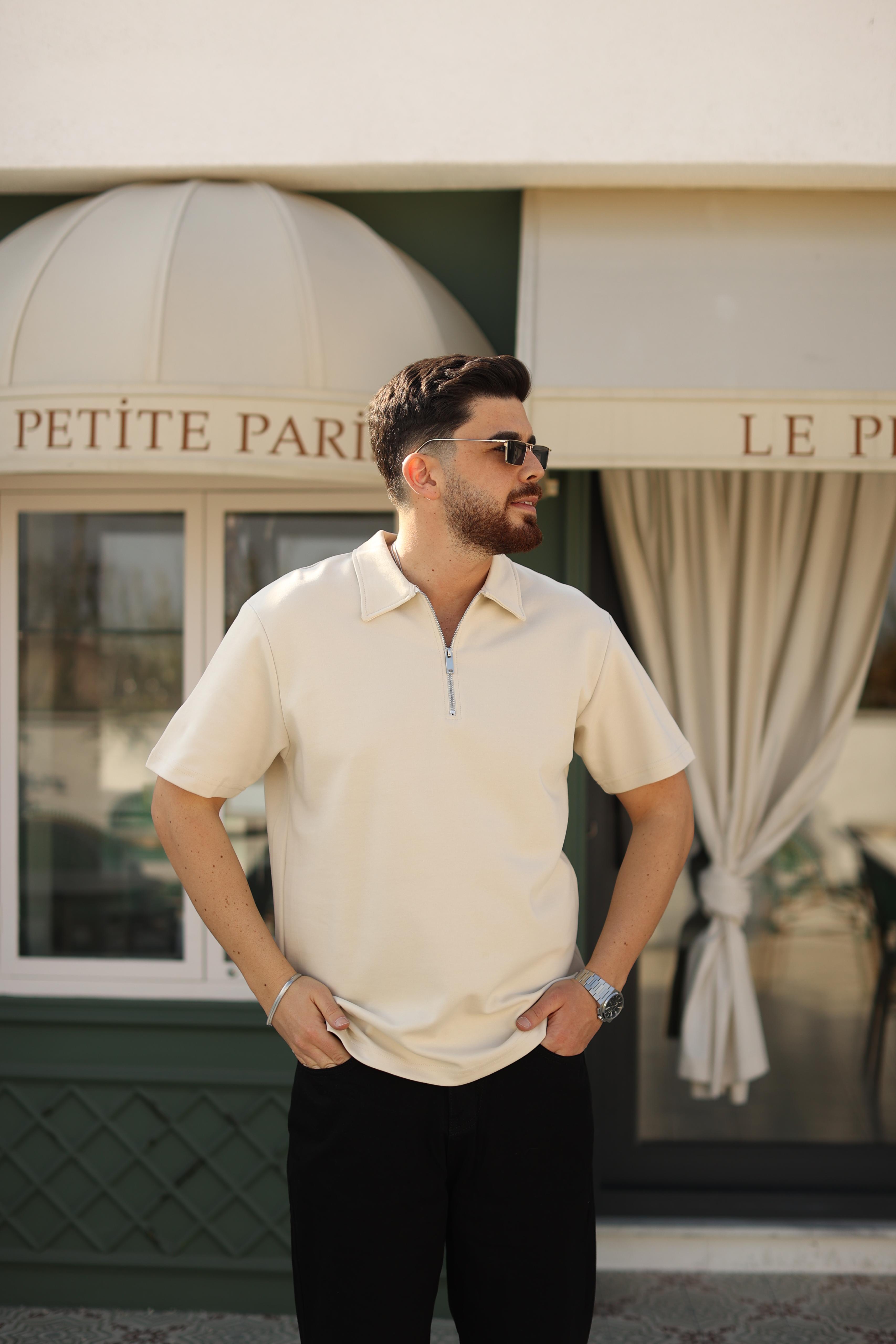 Fermuarlı Polo Yaka T-Shirt Krem