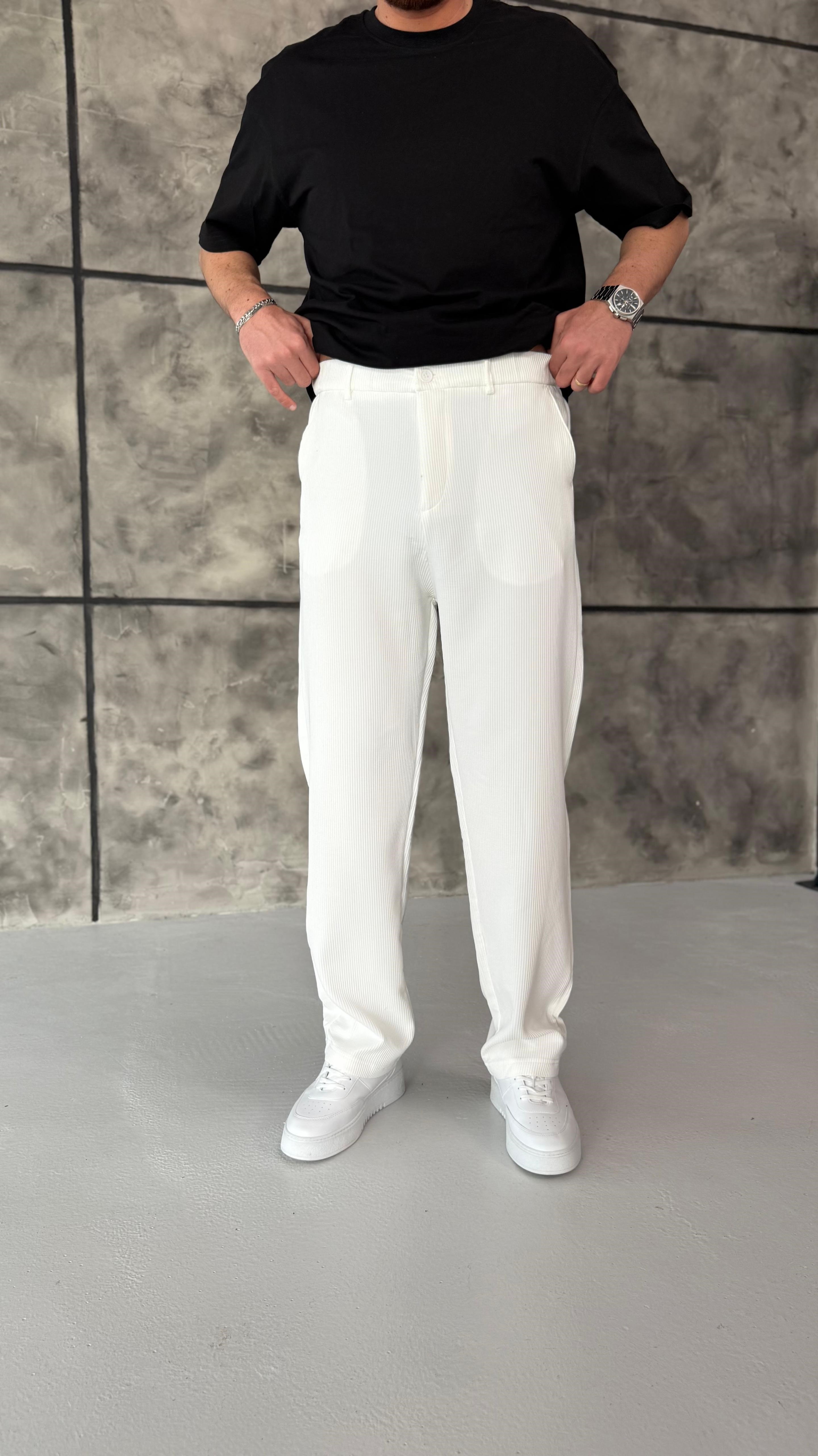 Fitilli Baggy Pantolon Beyaz