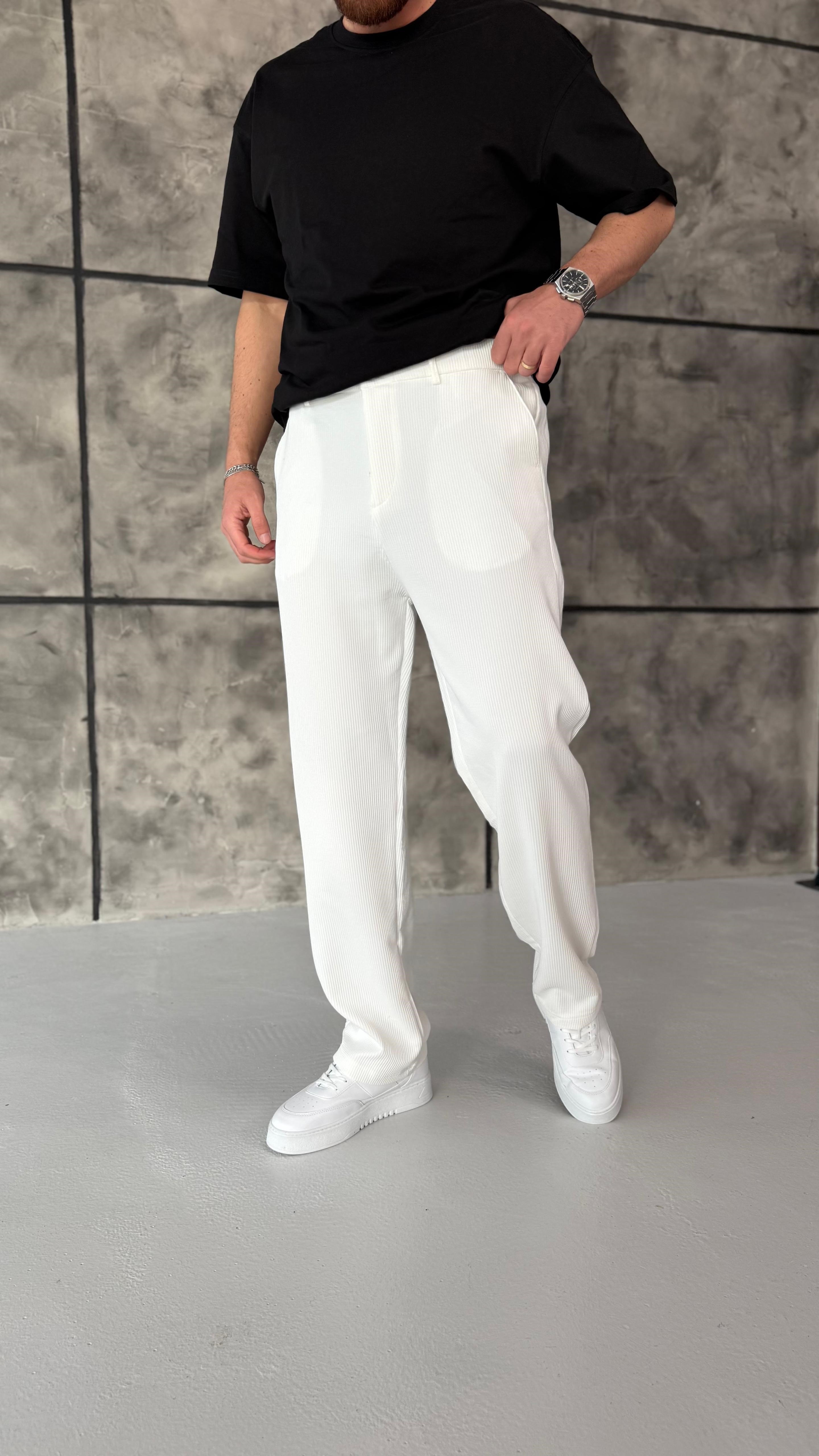 Fitilli Baggy Pantolon Beyaz