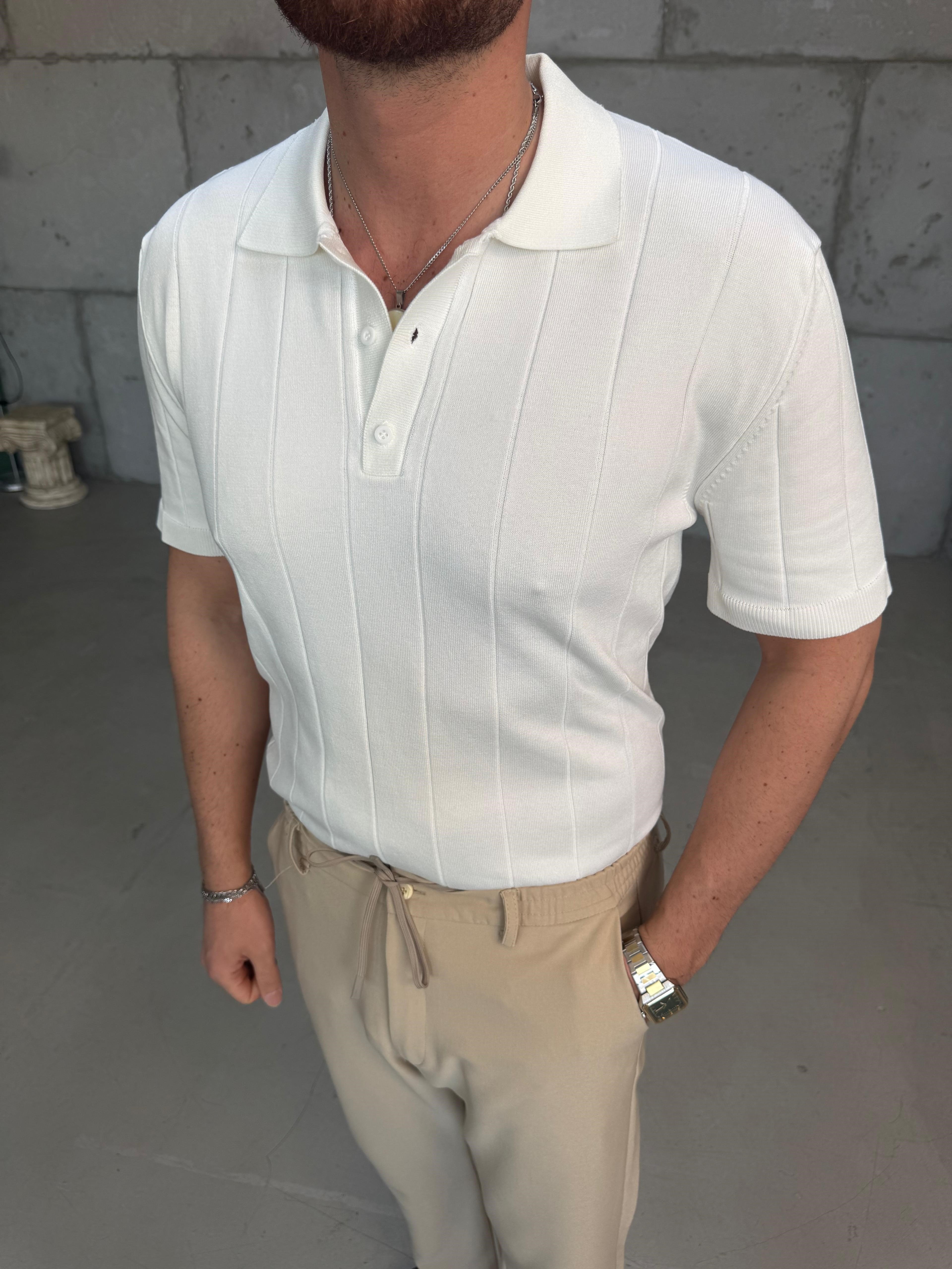 Fitilli Polo Yaka T-Shirt Beyaz
