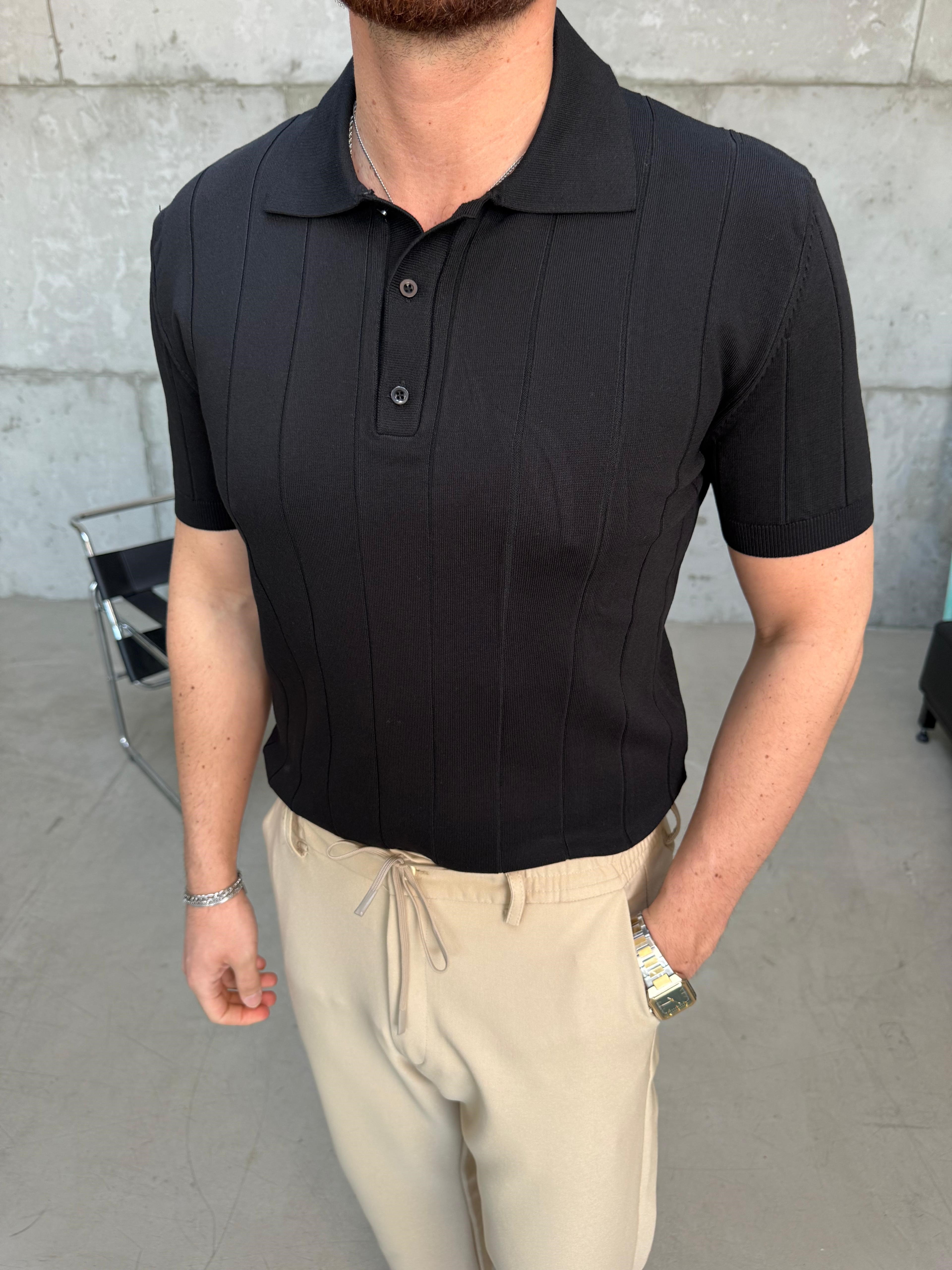 Fitilli Polo Yaka T-Shirt Siyah