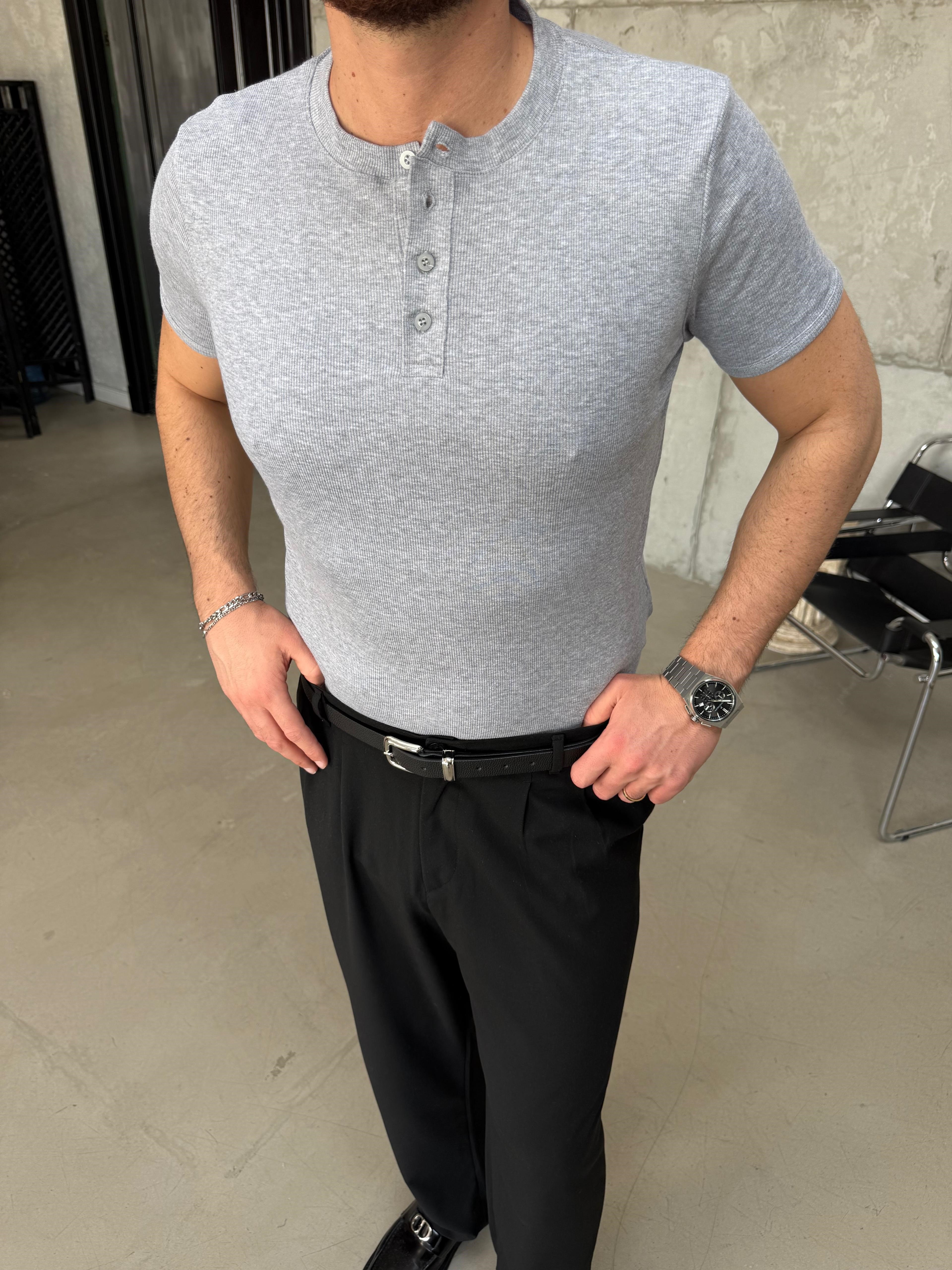 Gri Henley Yaka Slimfit Fitilli T-Shirt